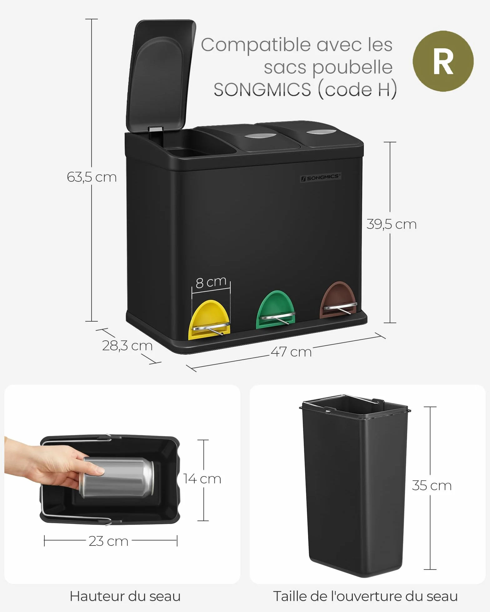 SONGMICS Poubelle Cuisine Tri 3x8L Acier Noir LTB24BK