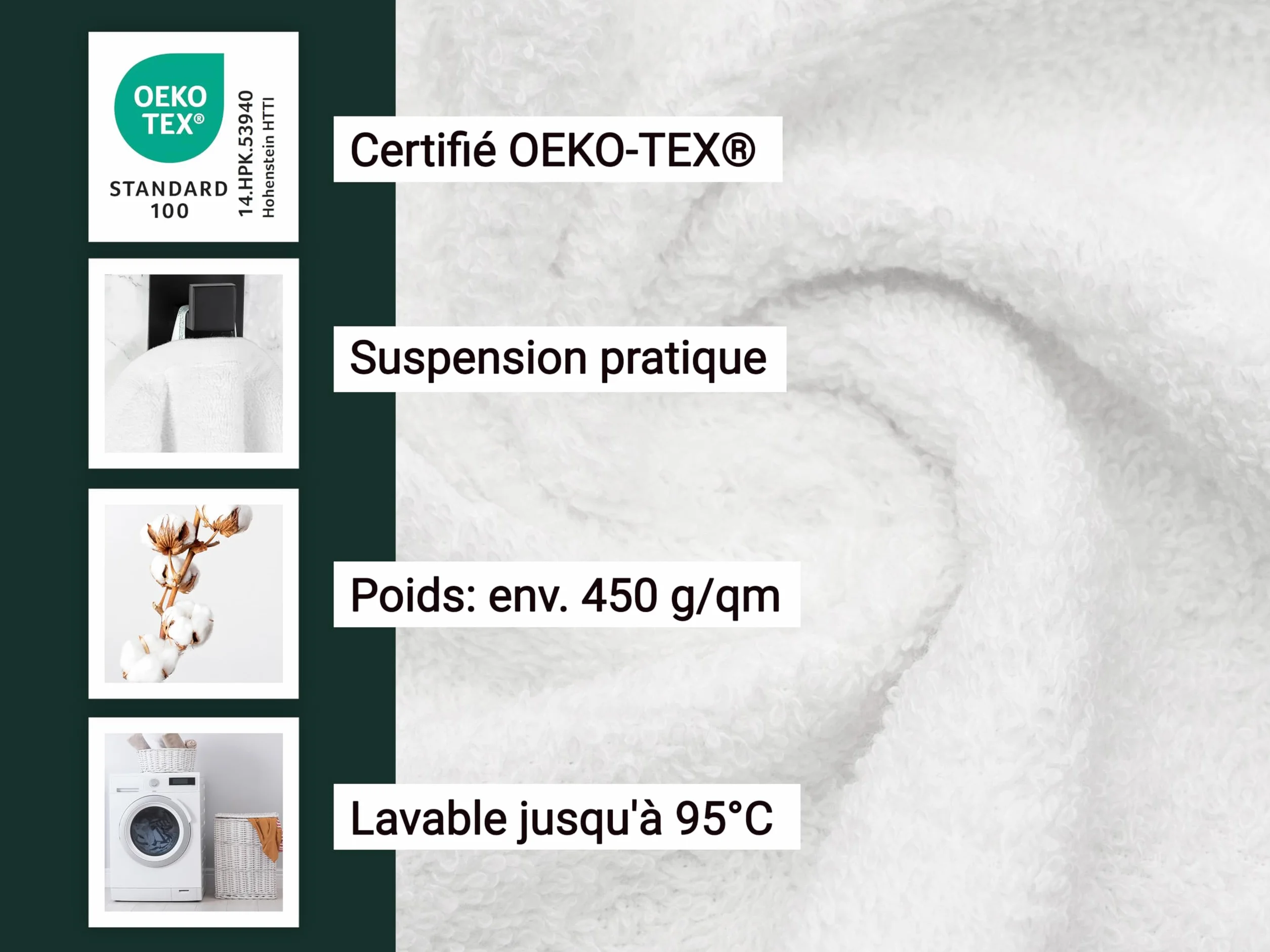 ZOLLNER Serviettes invités 30x50 cm Coton lavables 95°C Blanc qualité hôtelière Oeko Tex®