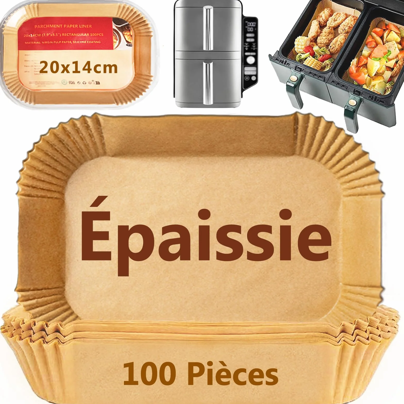 Papier Cuisson pour Ninja Air Fryer, 100 Pièces Rectangulaires 20x14cm Sulfurisé Épaissi