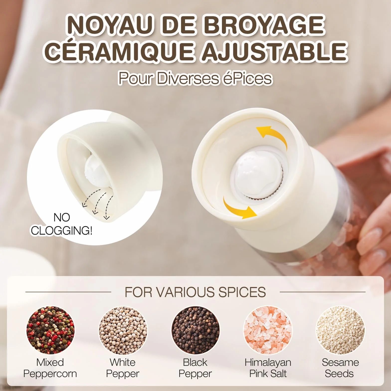 Vucchini Moulin à Sel et à Poivre 2 Ensembles avec Noyau en Céramique, Grosseur Ajustable, Beige