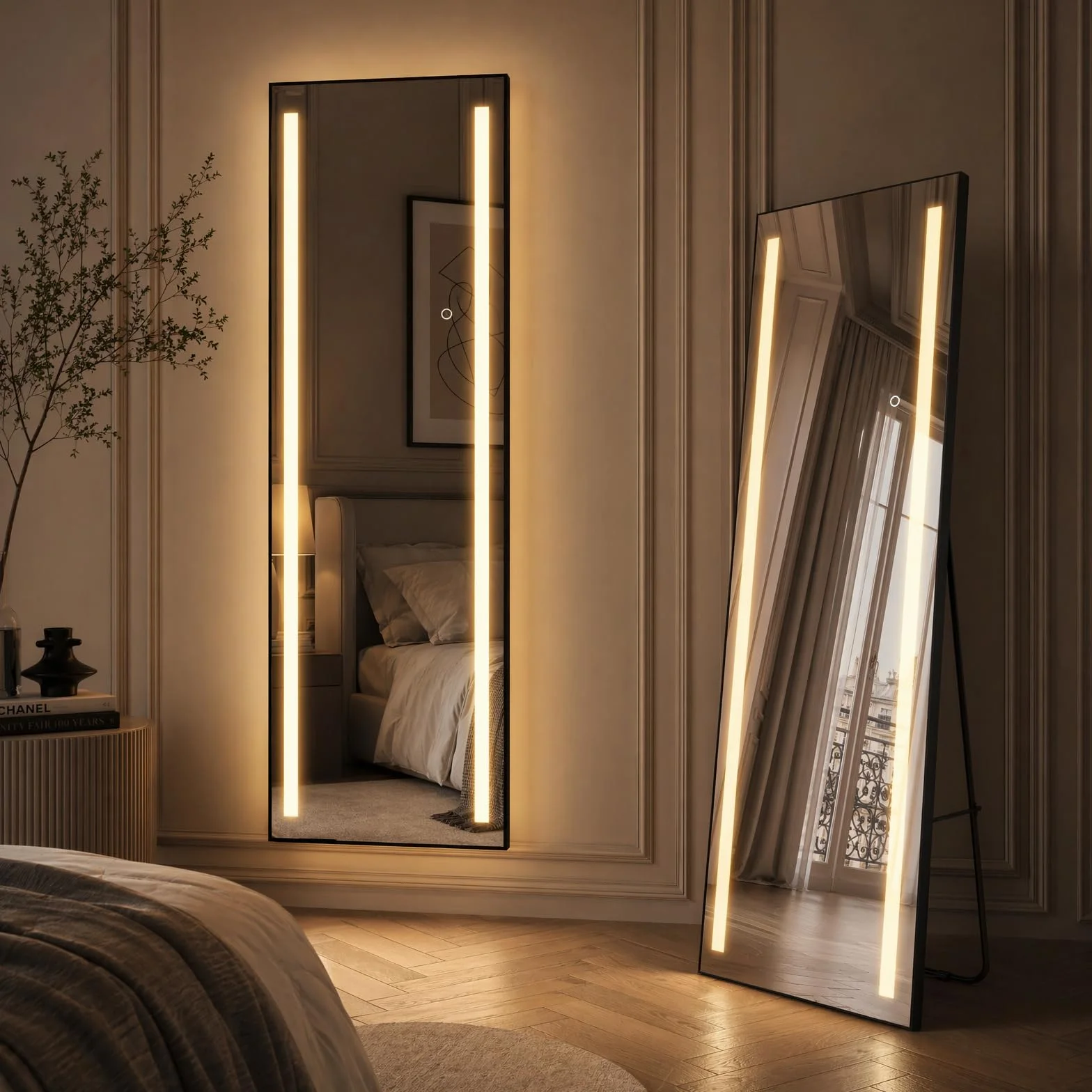 Grand Miroir sur Pied LED 150x50cm, Miroir Plein Pied Mural, 3 Couleurs Dimmable, Cadre Aluminium, Rectangulaire Noir