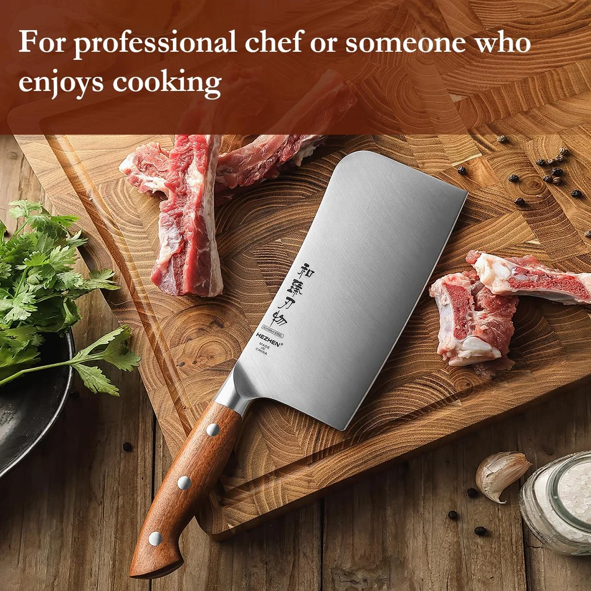 HEZHEN Couteau à Hacher Chinois, Couperet à Viande, Manche en Redwood