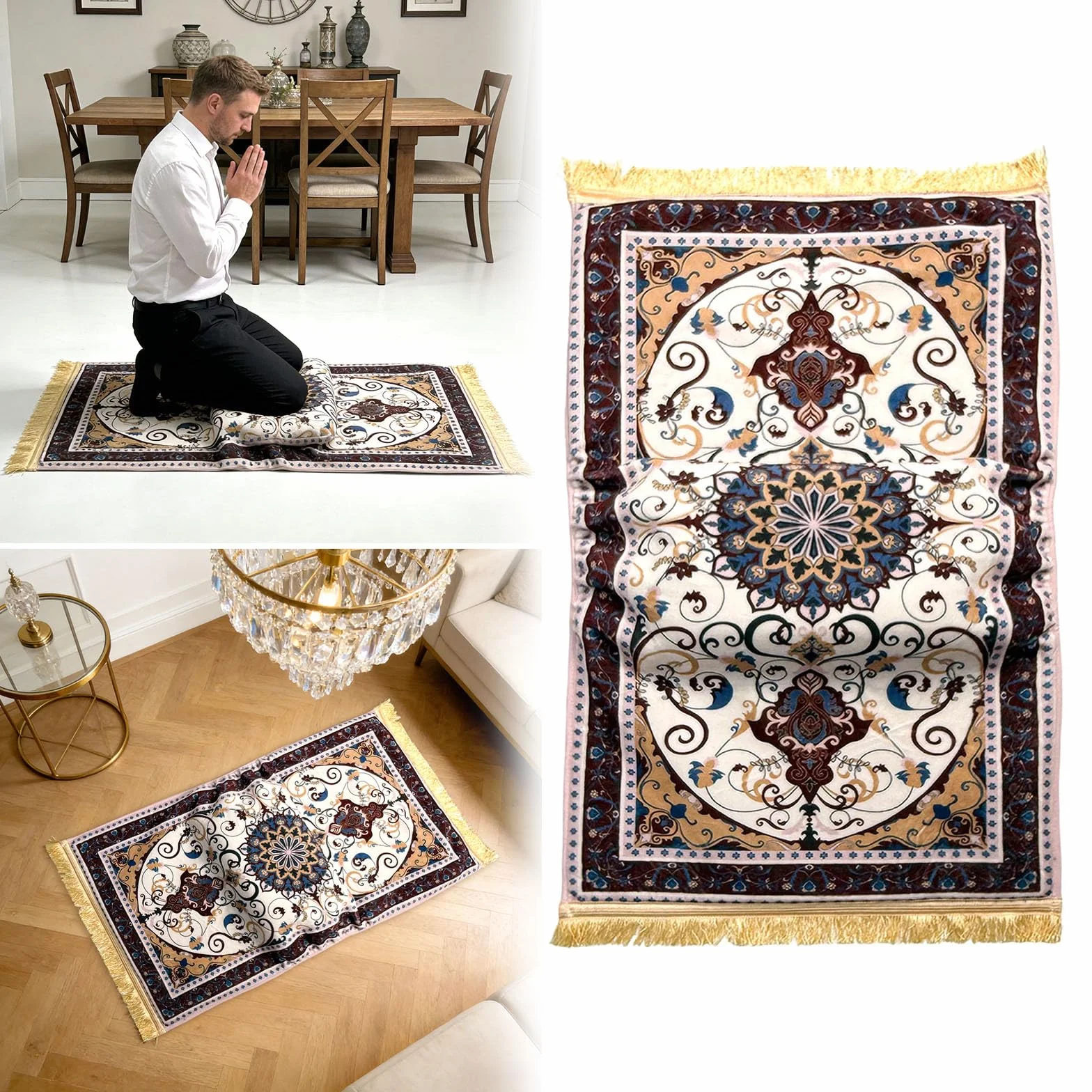 Tapis de prière Janamaz avec coussin pour genoux, pliable, antidérapant, gris