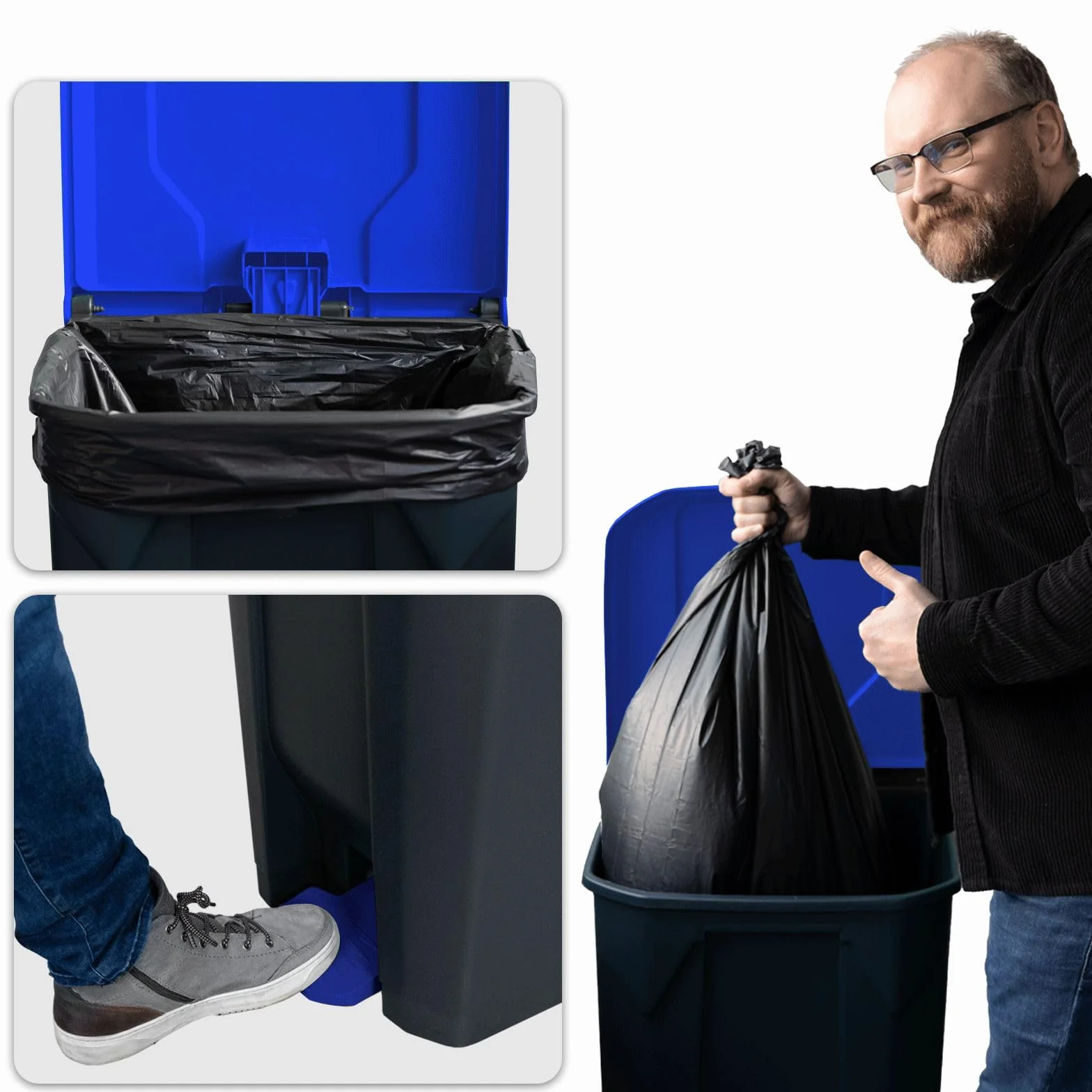 Poubelle 100L Olaf Floordirekt avec couvercle bleu et pédale système de tri sélectif