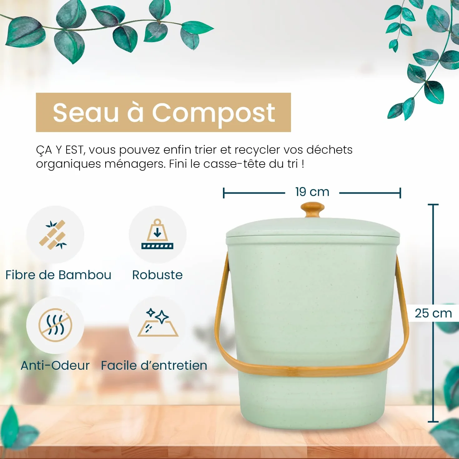 BIRAMBEAU Seau à Compost 3,5L Vert – Poubelle Cuisine pour Déchets Organiques Compact