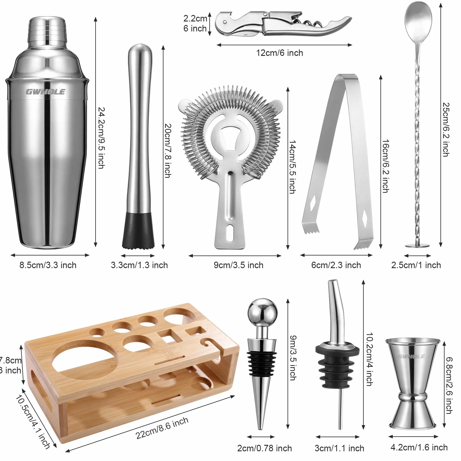 Kit Shaker à Cocktail en Acier Inoxydable GWHOLE avec Support Bois et Recette