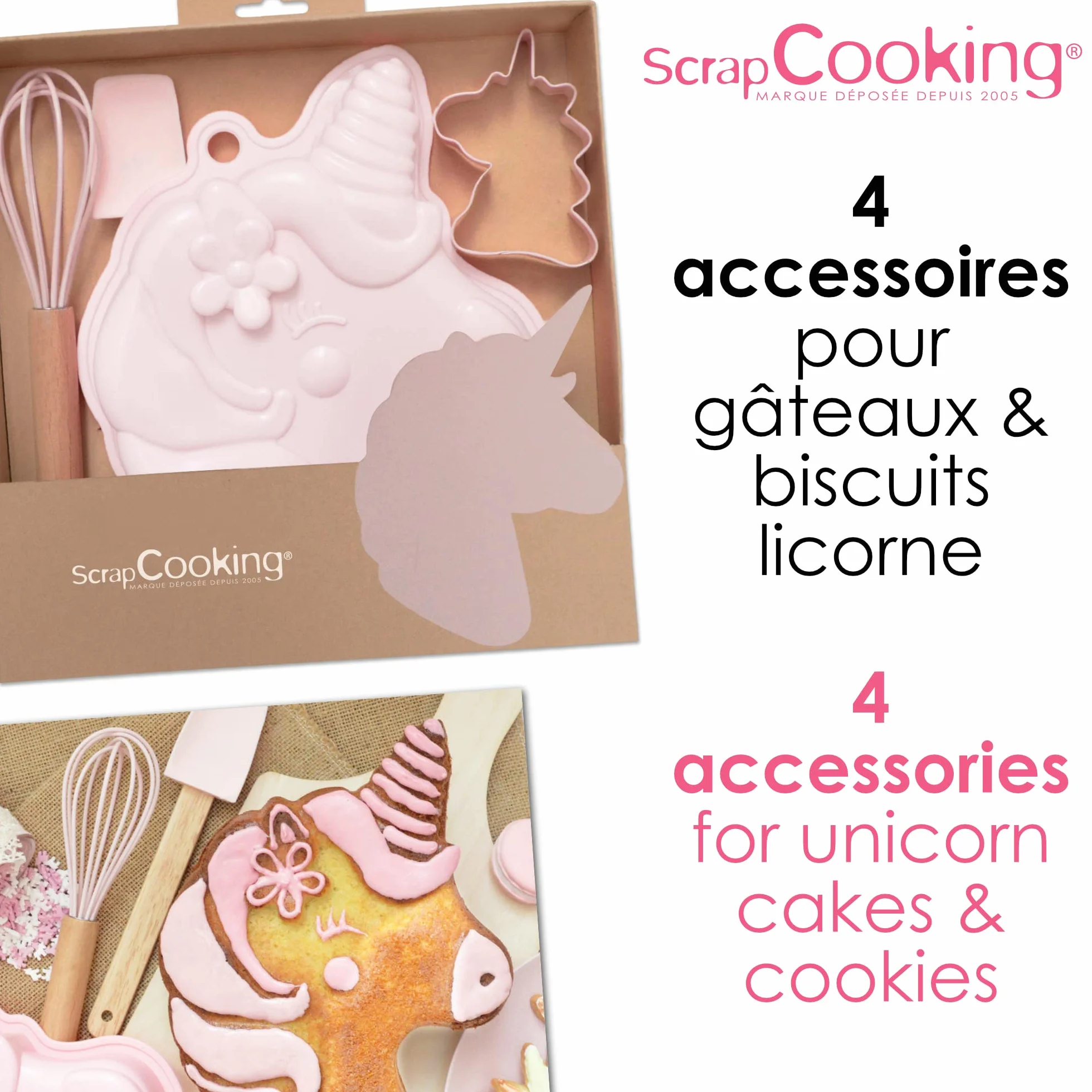 ScrapCooking Coffret Pâtisserie Licorne Enfants 4 Ustensiles Fouet Cuillère Moule Découpoir Bois Silicone Inox
