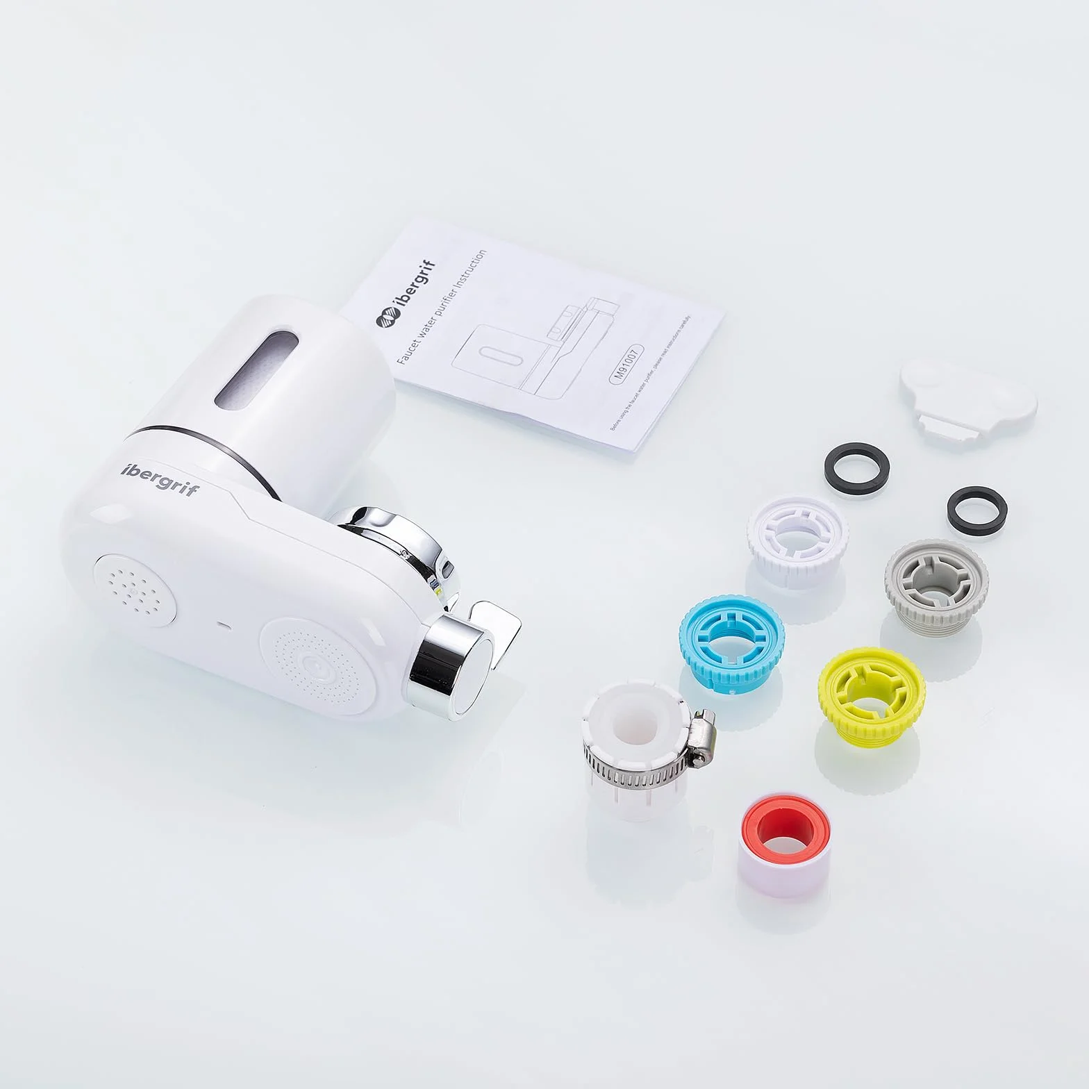 Ibergrif Système de Filtration sur Robinet, Filtre à Eau Cuisine avec Charbon Actif, Réduit Chlore PFAS Sédiments, Installation Sans Outils, Blanc
