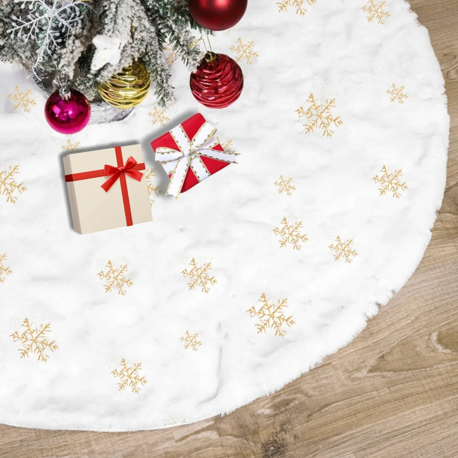 Jupe pour Sapin de Noël Or 90cm Blanche Flocon de Neige