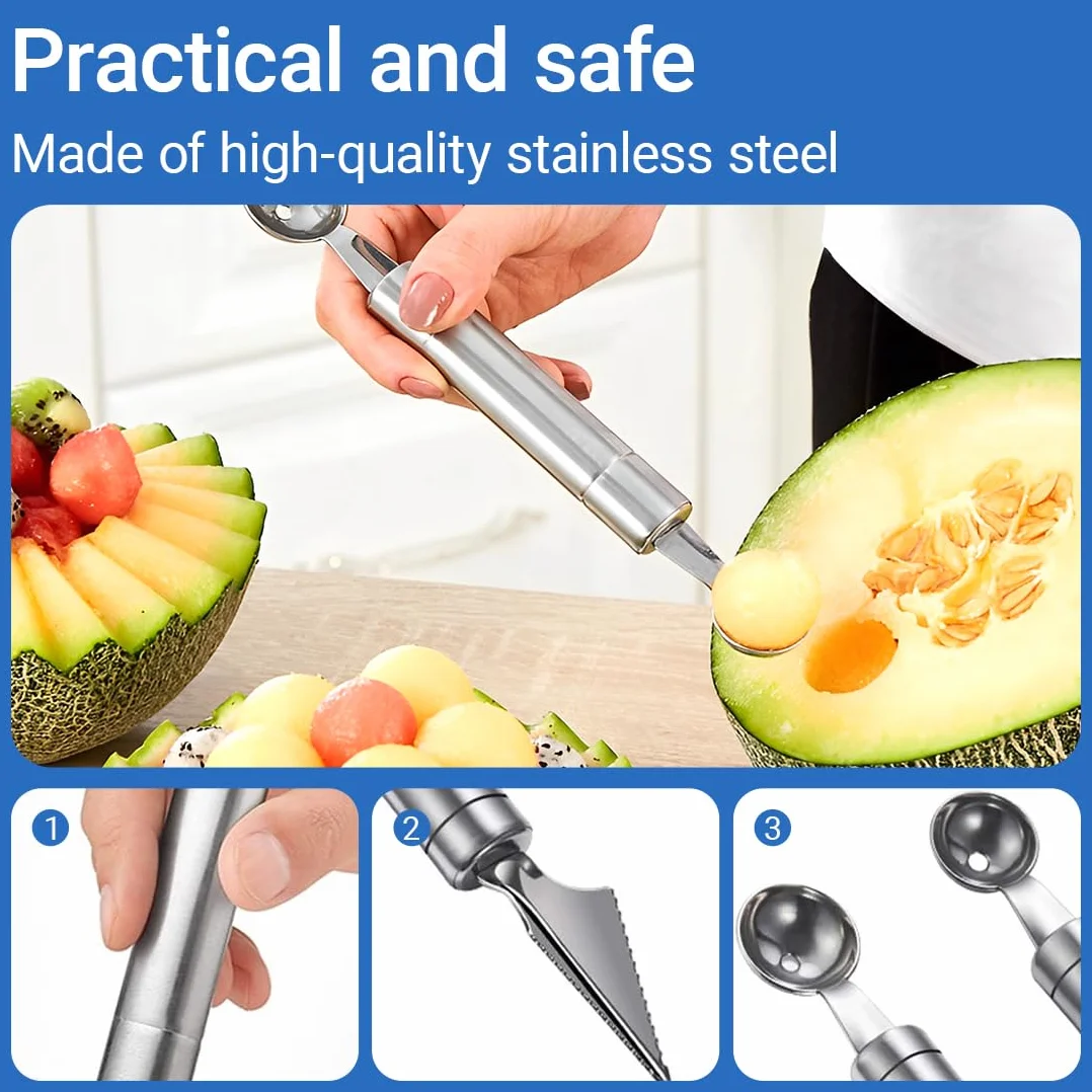 Cuillère de Melon en Acier Inoxydable 2 Pièces Outil à Découper les Fruits