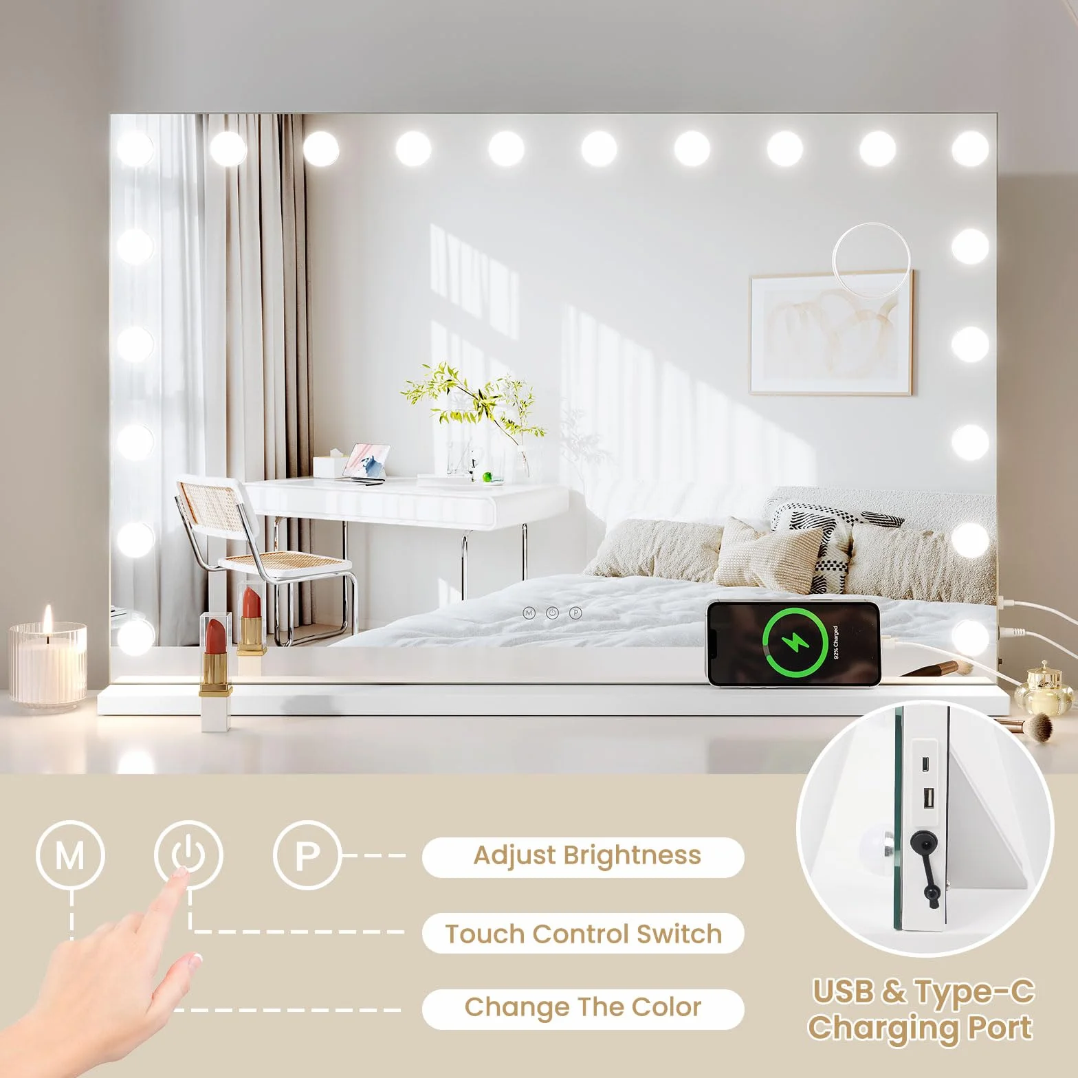 Dripex Miroir Maquillage Hollywood 20 Ampoules LED 3 Modes Luminosité Réglable Contrôle Tactile 90 x 60 cm Blanc