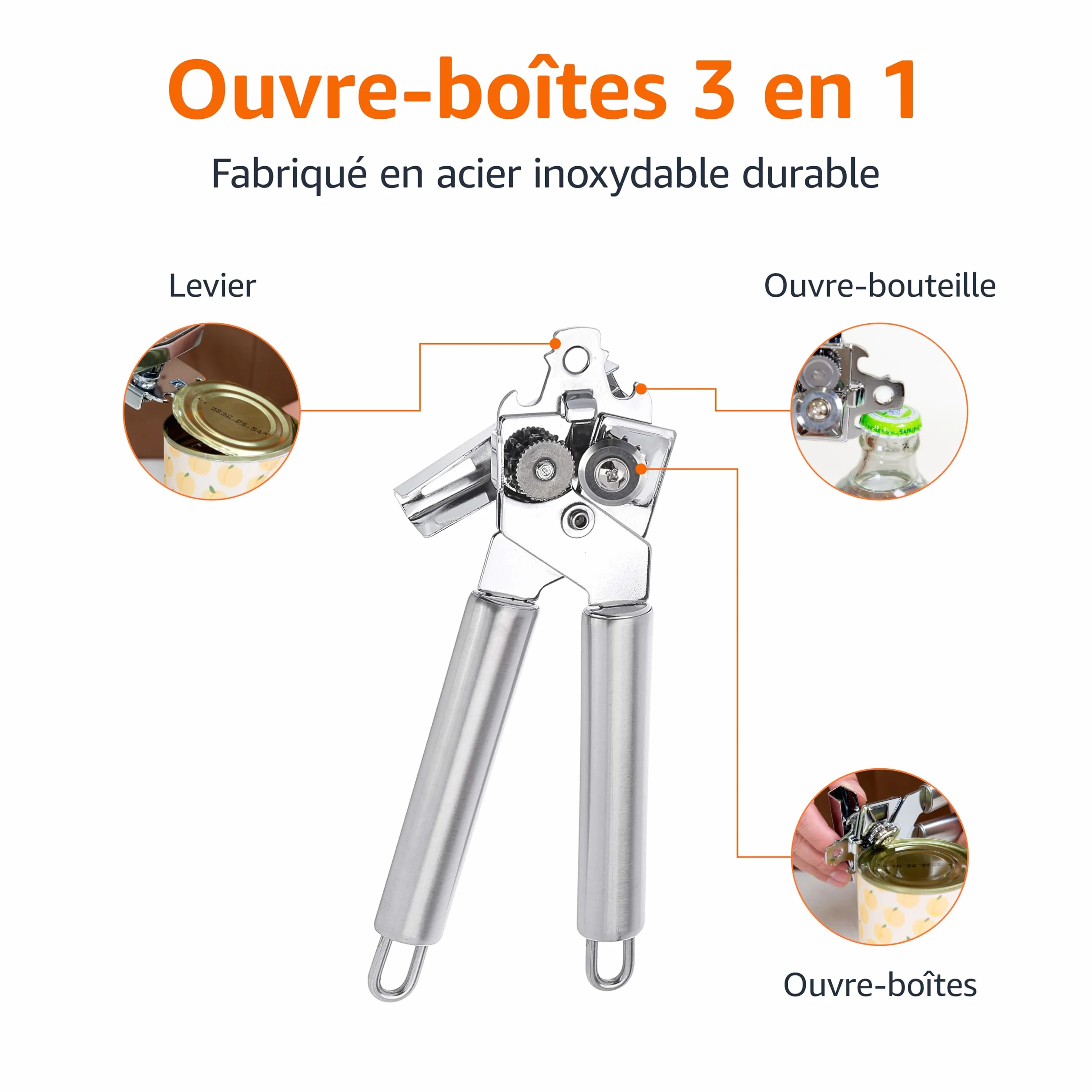 Amazon Basics Ouvre-boîte manuel 3 en 1 acier inoxydable 21.59 x 5.08 x 4.45 cm
