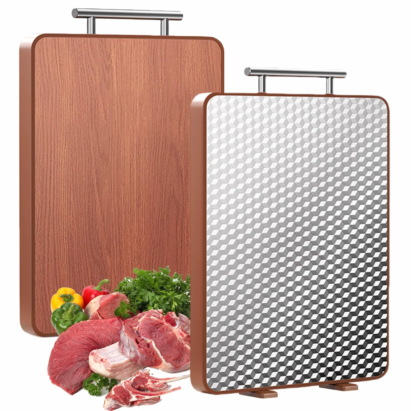Planche à Découper Double Face Acier Inoxydable Palissandre 2 en 1 pour Viande Fruits Poisson Légumes