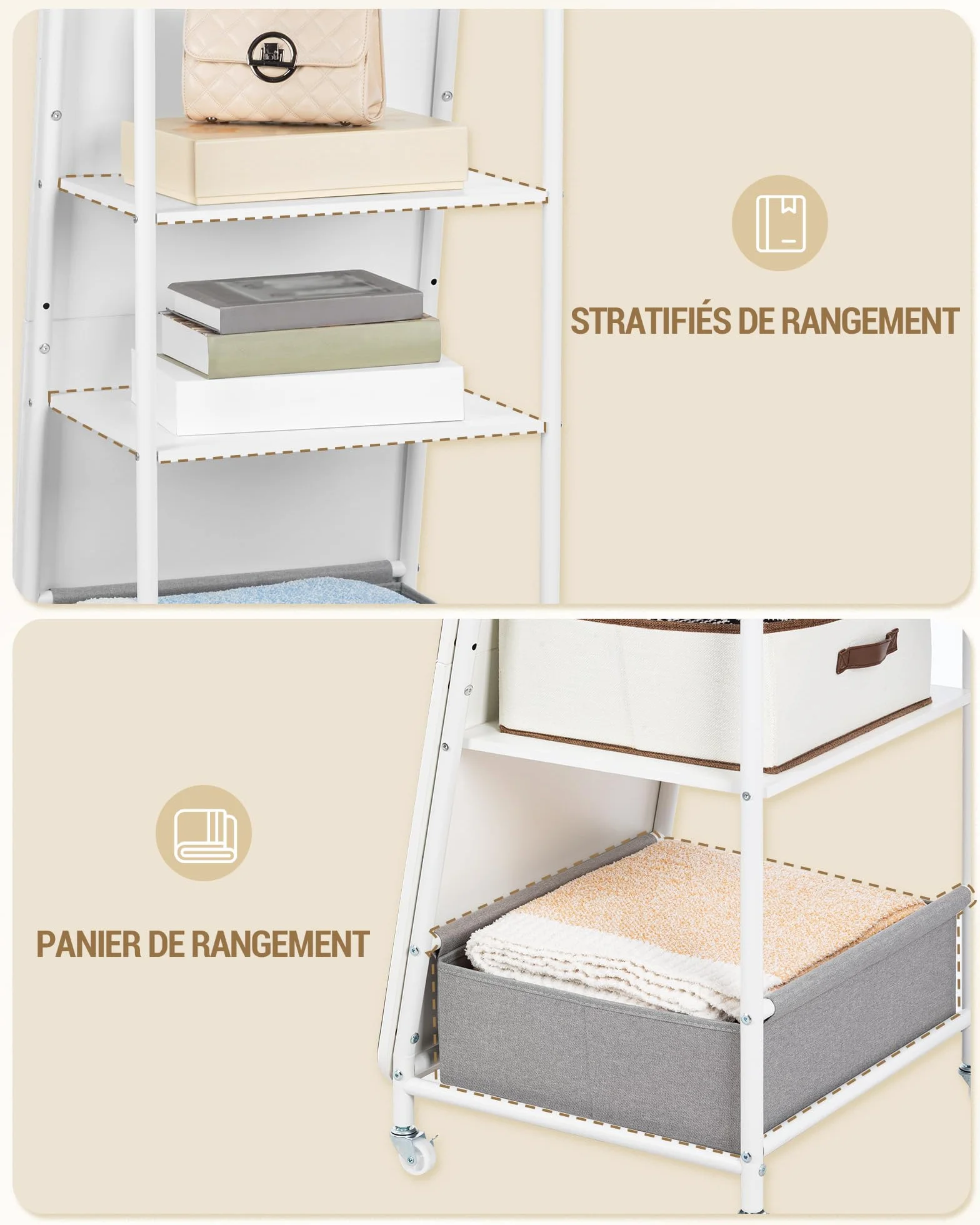 Miroir sur pied avec Porte-Manteau 50x165,8 cm Roues Pivotantes 360° Blanc