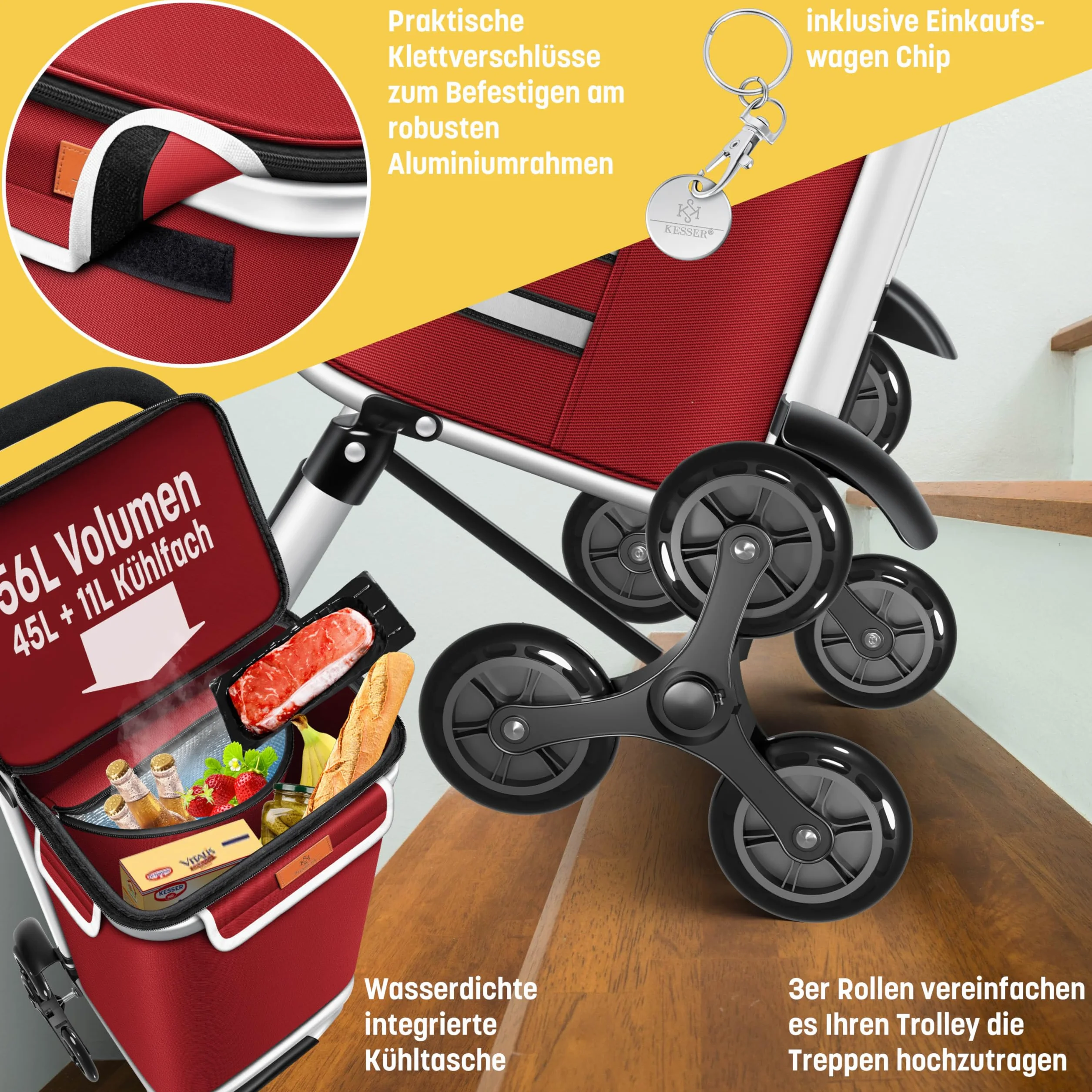 KESSER Chariot à provisions 56 L 50 kg pliable 3 en 1 avec compartiment réfrigérant Bordeaux