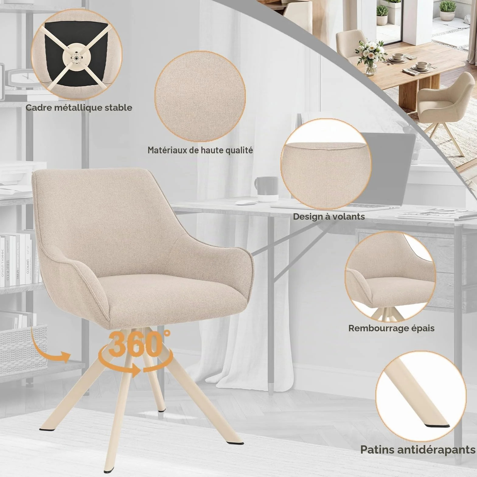 Lot de 6 chaises de salle à manger pivotantes 360° en lin beige avec accoudoirs et structure métal