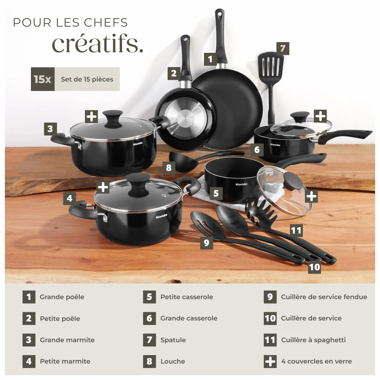 Tectake Set de casseroles et poêles Aluminium inox anti-adhésif 15 pcs gaz vitrocéramique
