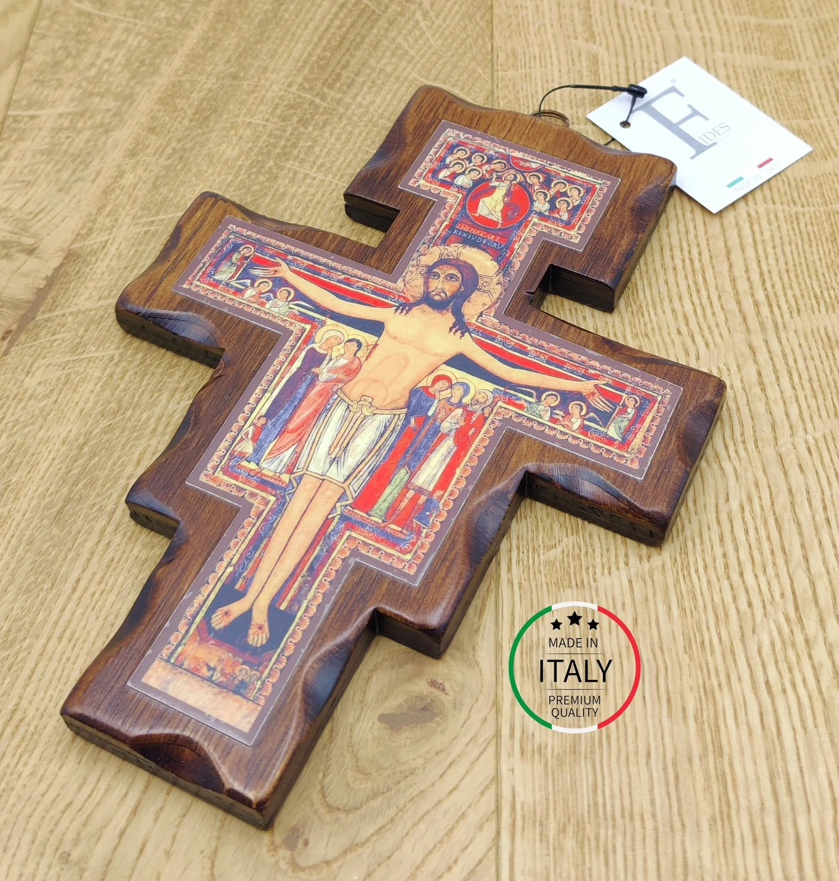 Croix San Damiano La Balestra en Bois Mural 19x14 Fabriqué en Ombrie Italie