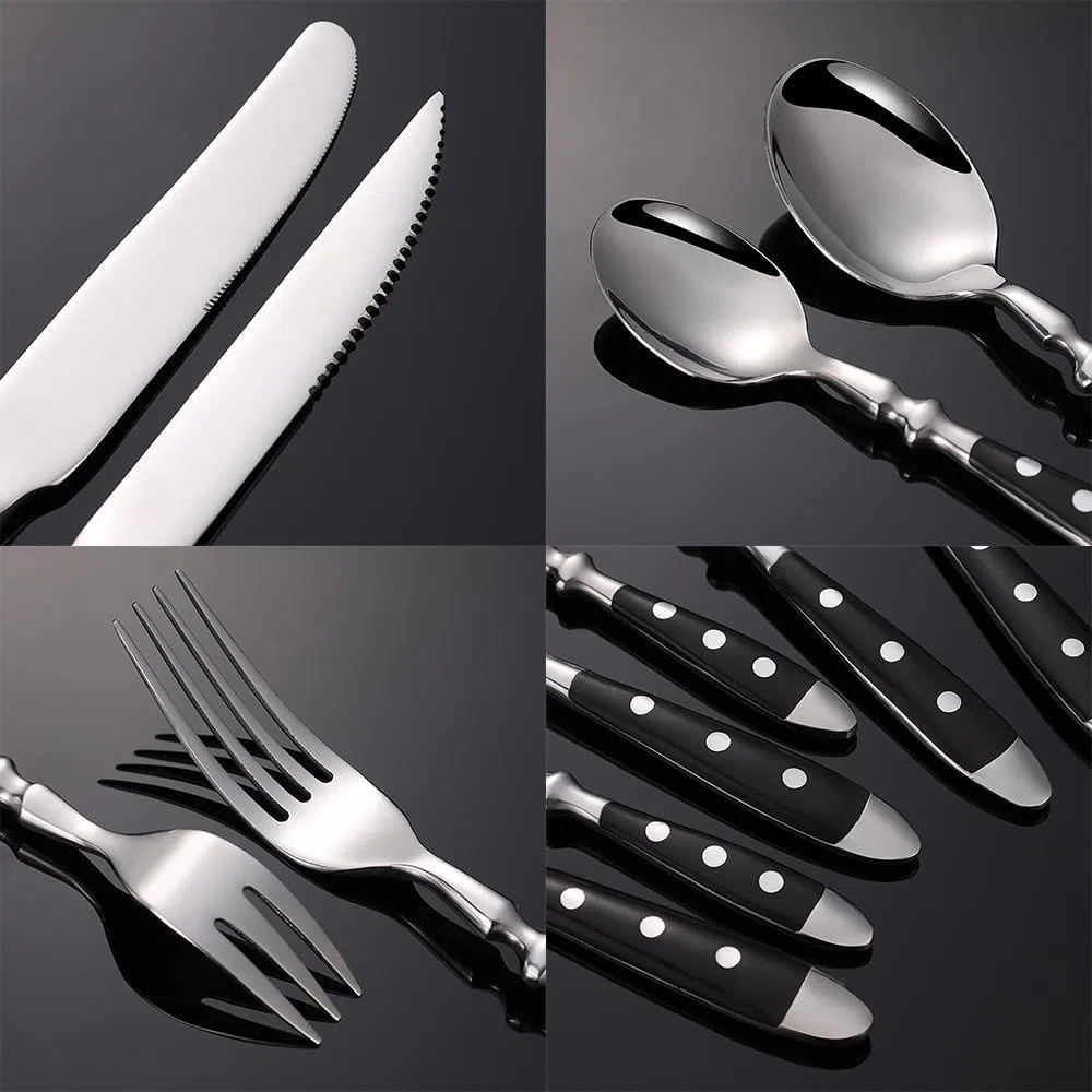 Ensemble de Couverts Noirs à poignées rivetées, Comprenant 12 Couverts (fourchettes, cuillères et Couteaux), ergonomiques, durables et polis Miroir. Indispensables pour Les fêtes de Famille