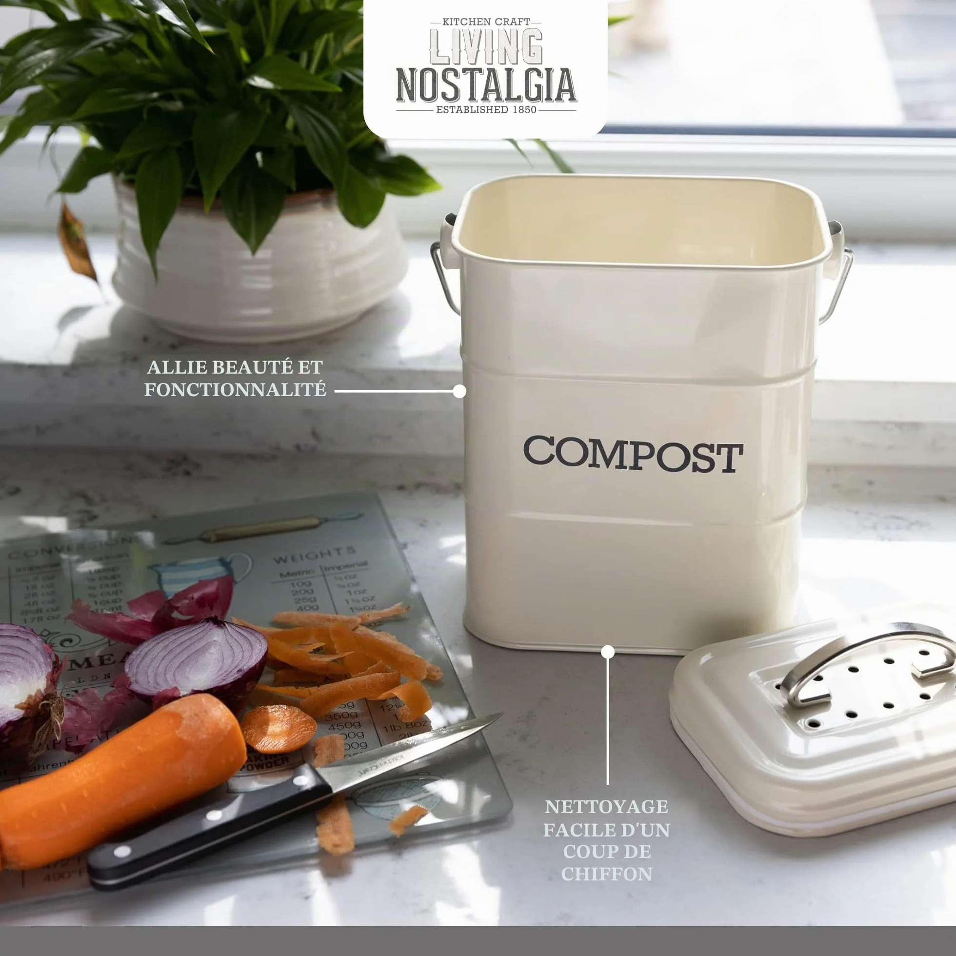 KitchenCraft Living Nostalgia Composteur De Cuisine Métal 16,5x12x24 cm Crème Antique