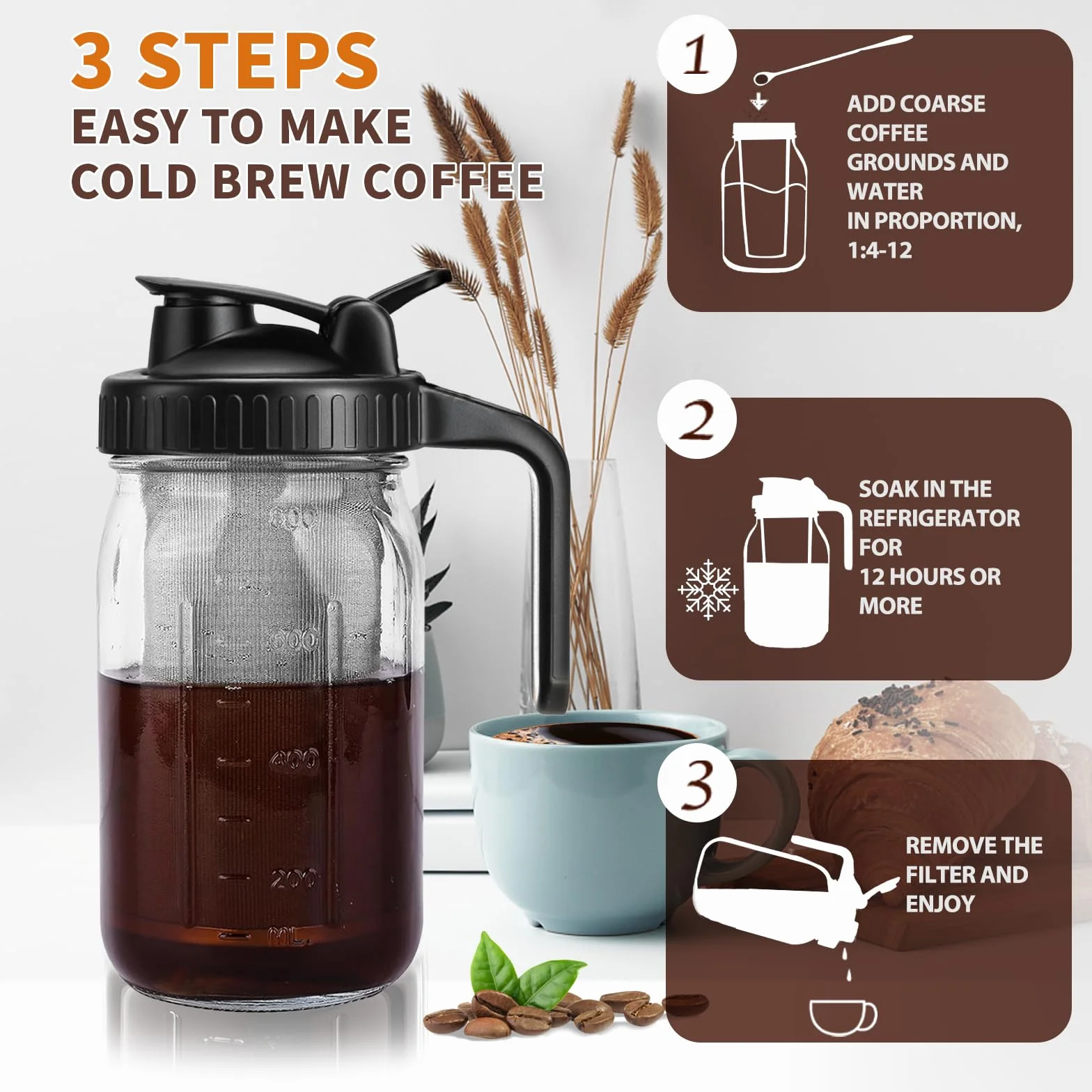 Cafetière à froid 800ML pichet en verre filtre acier inoxydable couvercle hermétique 32OZ