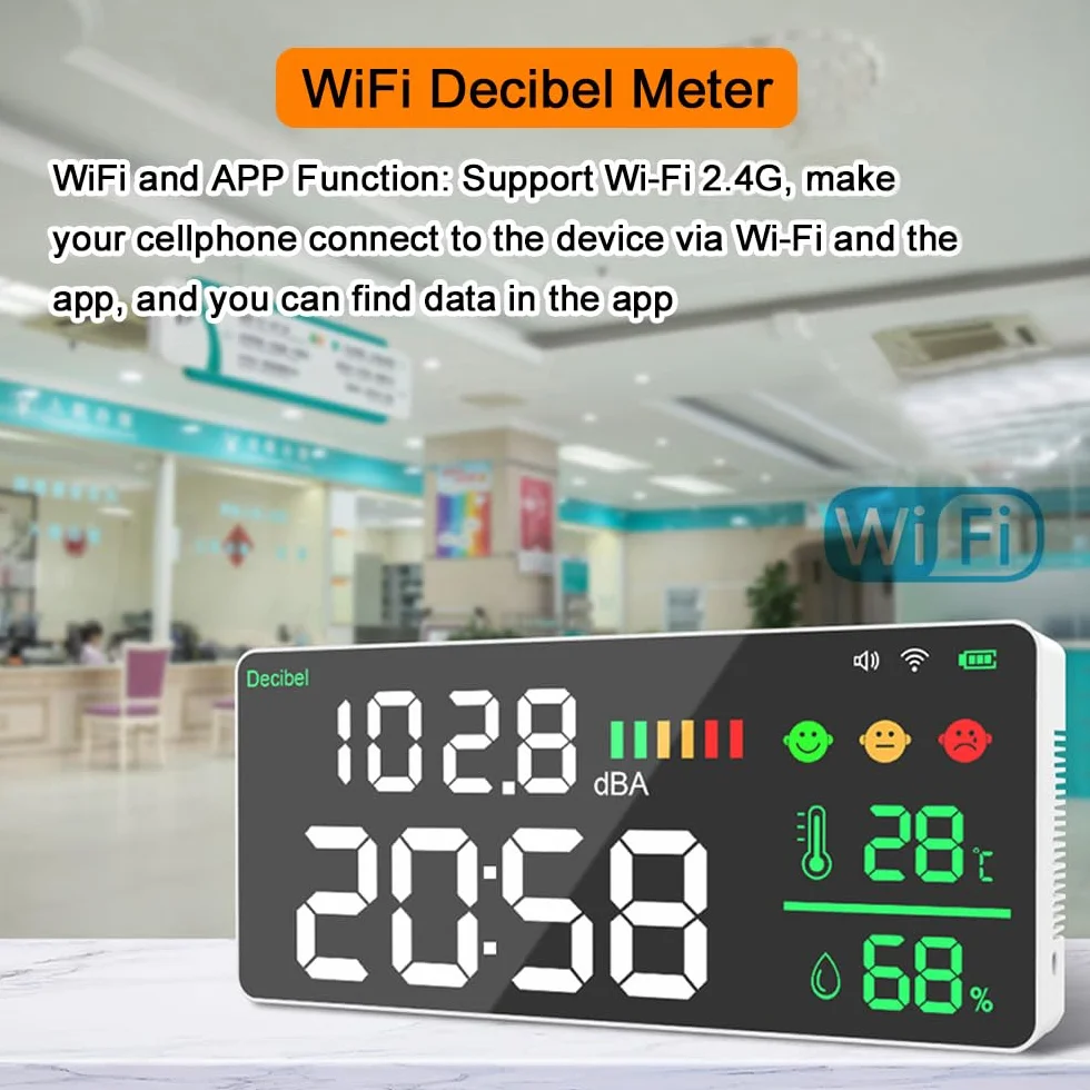 Décibelmètre Sonomètre WiFi 4 en 1, Test de bruit Température Humidité, Réveil, Écran LED 11 pouces