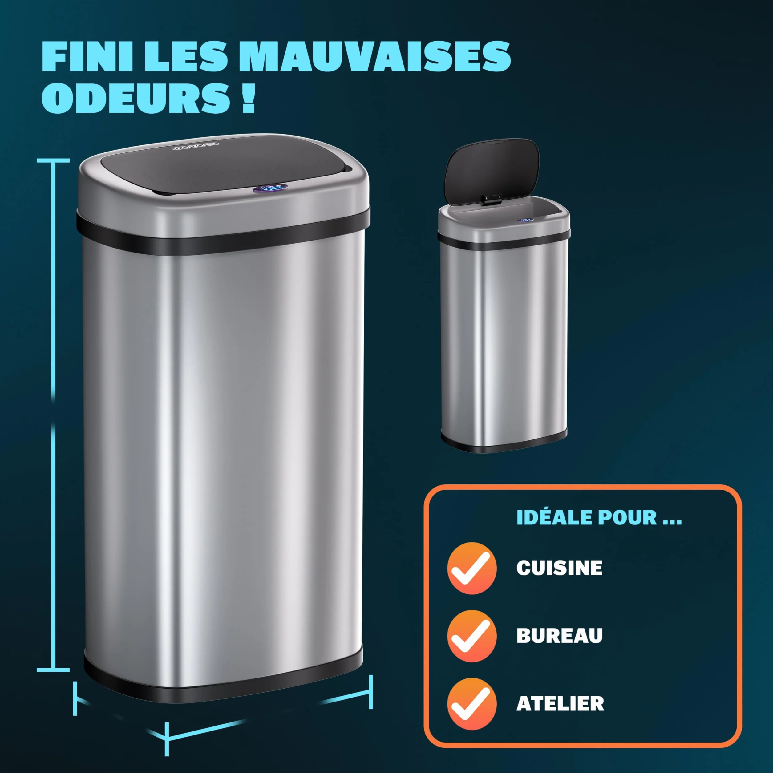 Monzana Poubelle automatique acier inoxydable 58 L capteur de mouvement USB argent