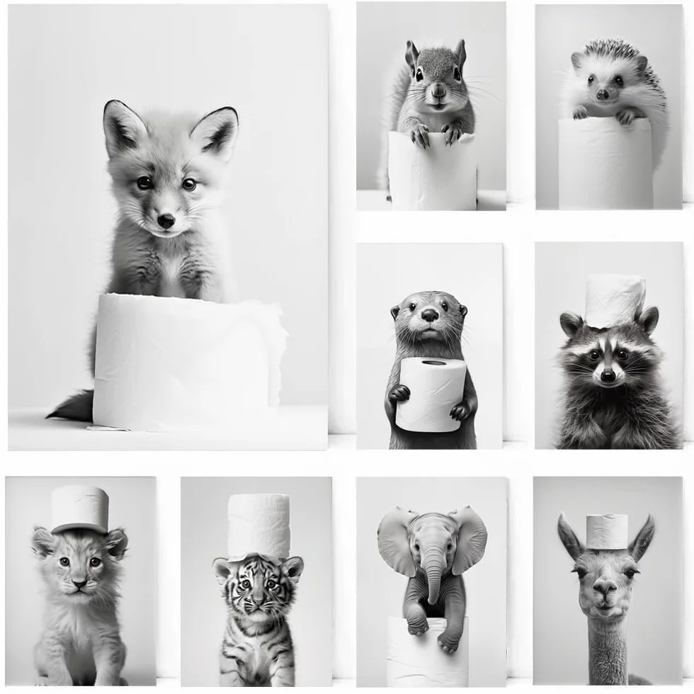 Affiche Murale Noir et Blanc Humour Animaux 40x50 Poster WC Deco Salle de Bain Toilette Humoristique