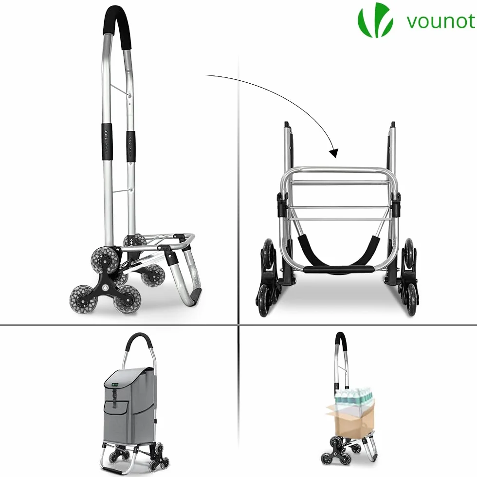 VOUNOT® Chariot de Courses 6 Roues Aluminium Pliable 2 en 1 Sac Escalier Gris 58 L
