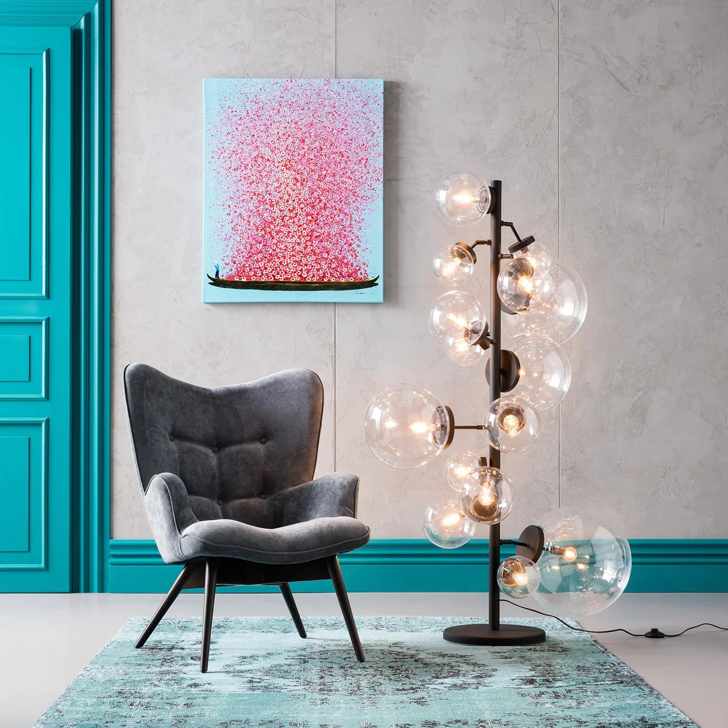 Kare Design Tableau Touched Flower Boat 100x180cm bleu rose peint à la main acrylique toile décoration murale