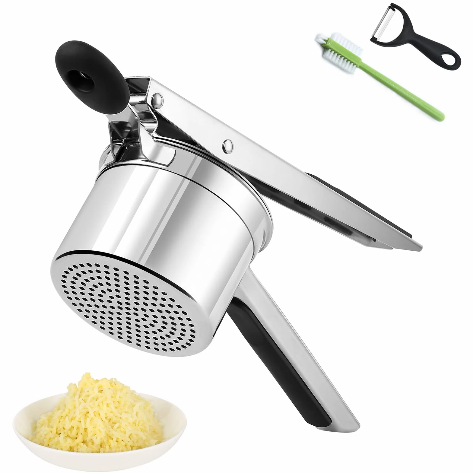 Presse-purée inox 450 ml fond perforé fixe, presse à pommes de terre grande capacité