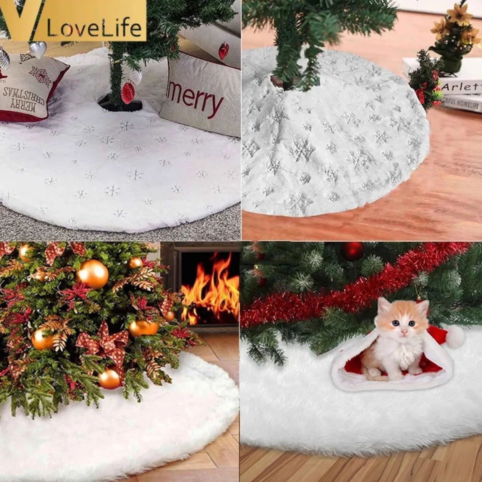 Jupe pour Sapin de Noël Or 90cm Blanche Flocon de Neige