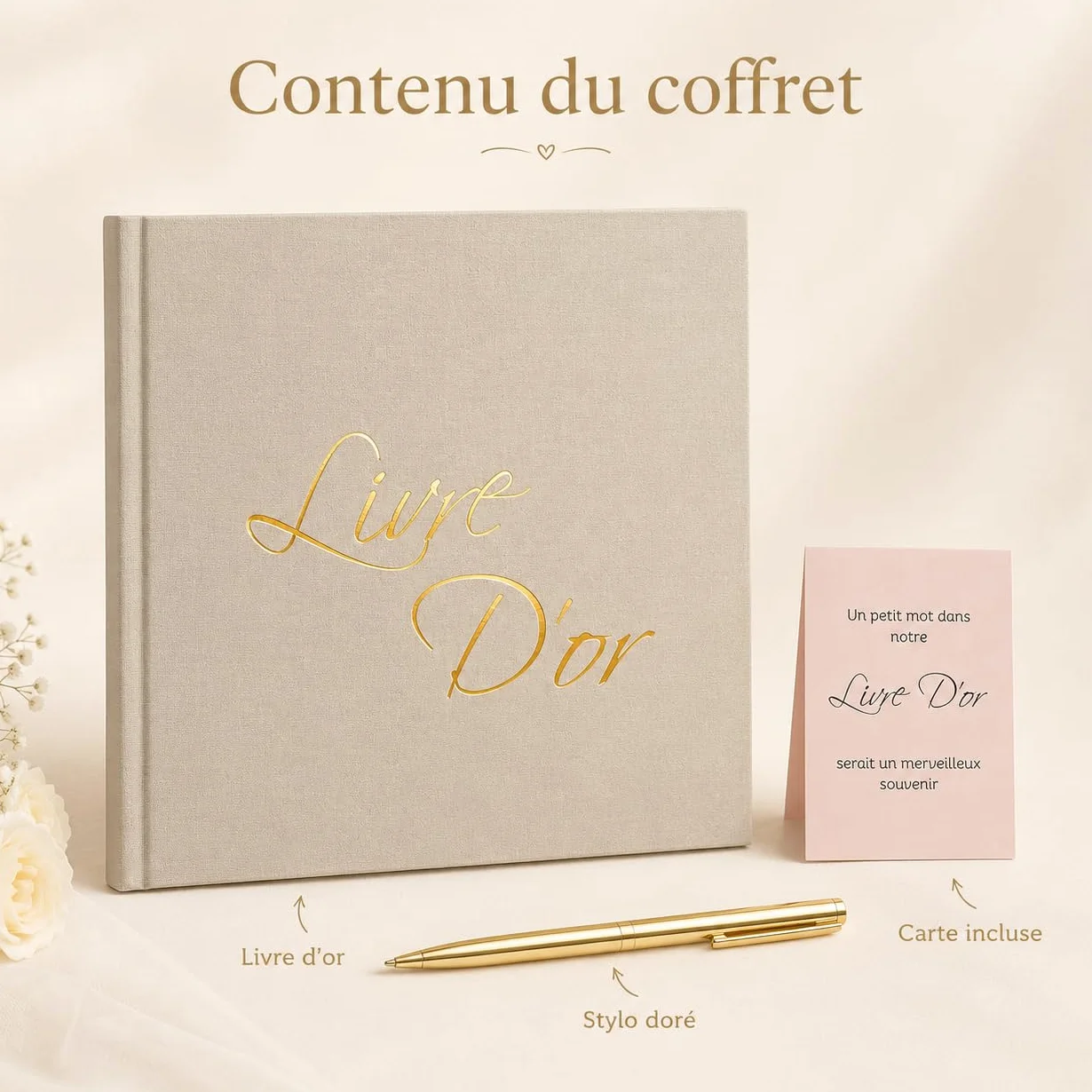 Livre d'Or Lin Beige 21x21 cm 100 Pages Blanches Stylo et Affiche Mariage Anniversaire Baptême