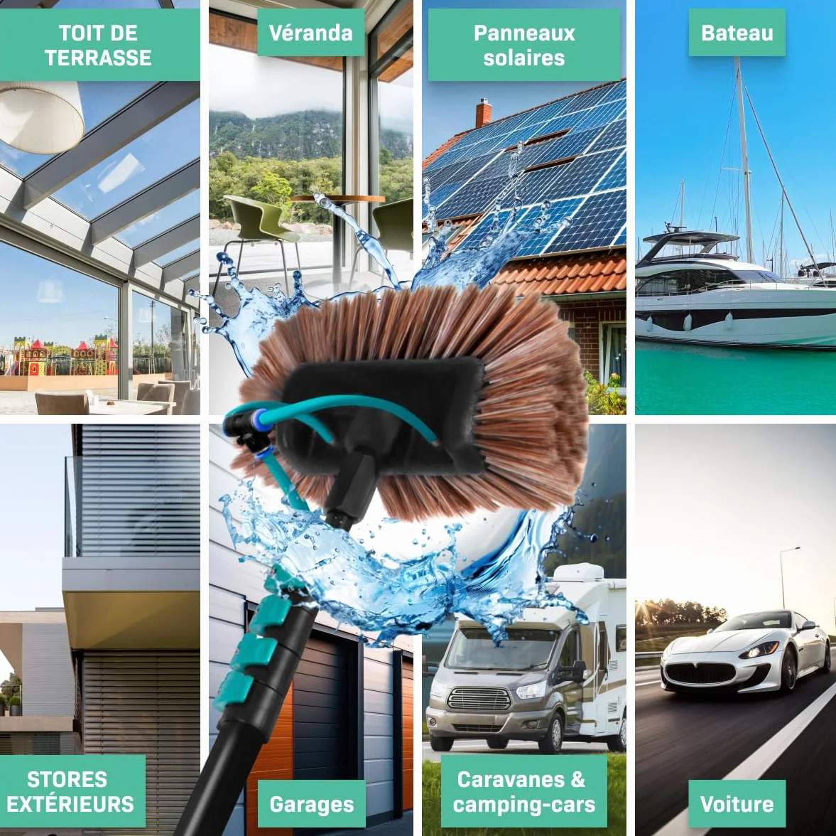 VONROC Brosse de Lavage Télescopique 6,5 m avec Arrivée Eau – Kit Complet 2 en 1 Nettoyage Panneaux Solaires, Vitres, Façades