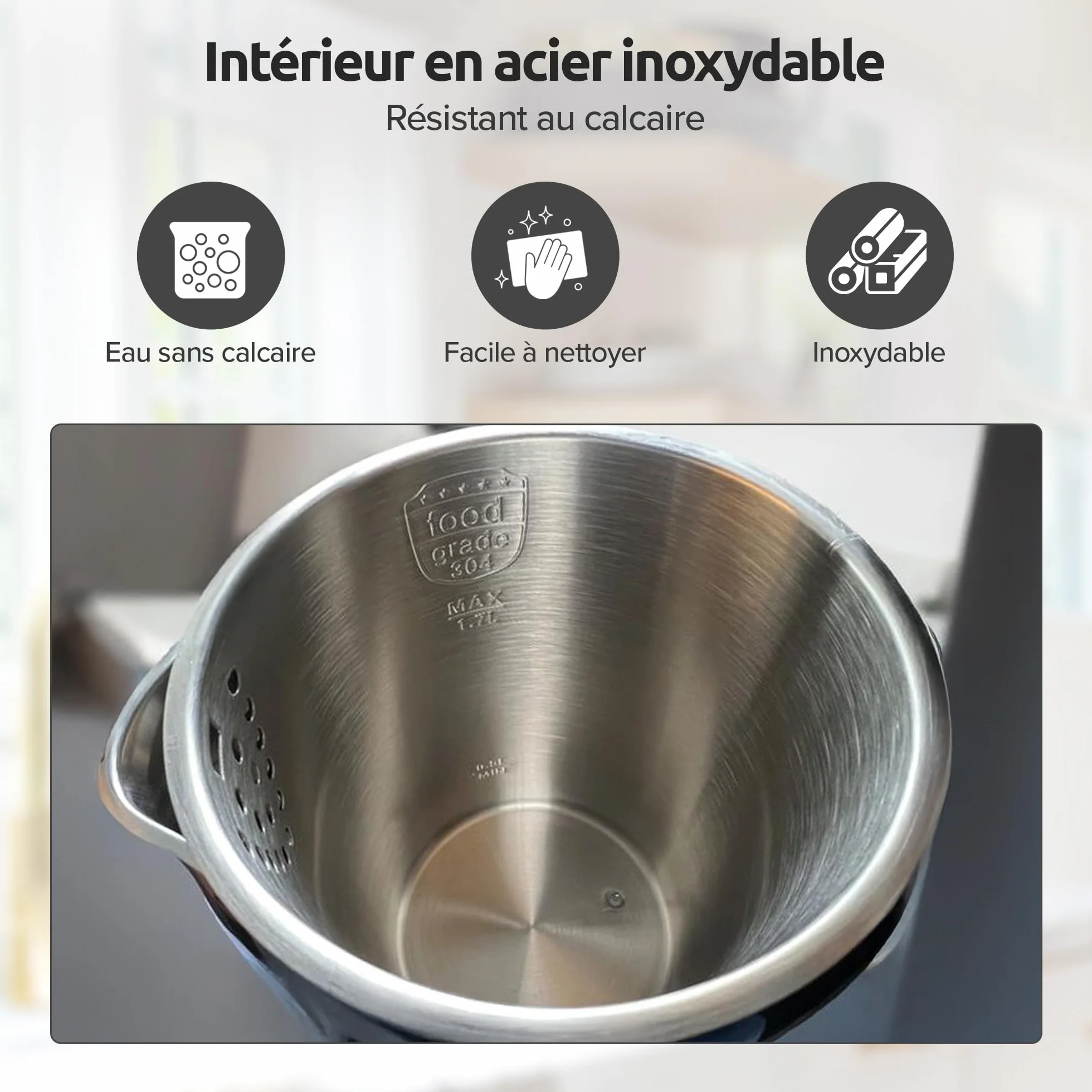 Bouilloire Électrique Olvy 1,7 L 2200W Double Paroi Inox Chauffe-Eau Rapide