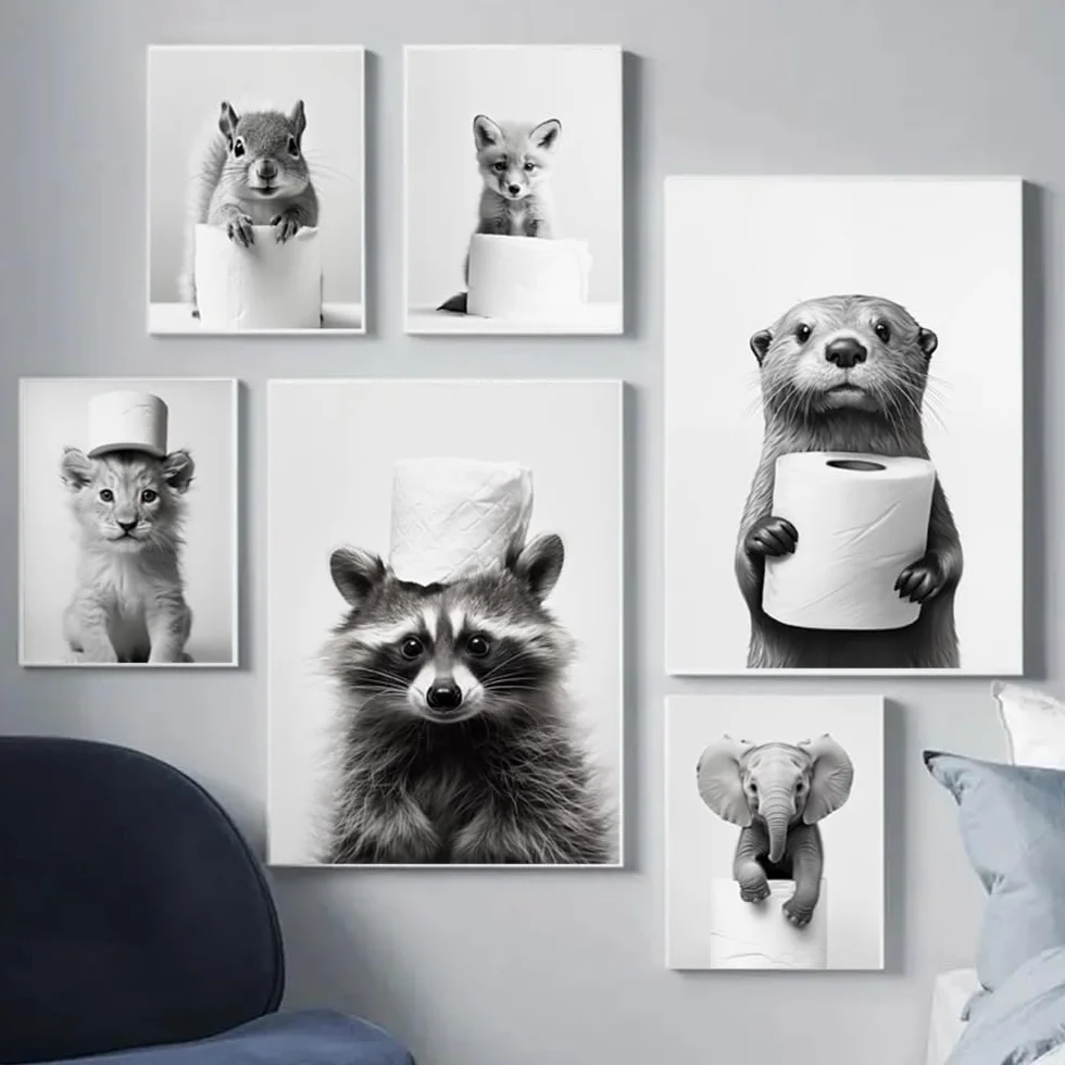 Affiche Murale Noir et Blanc Humour Animaux 40x50 Poster WC Deco Salle de Bain Toilette Humoristique
