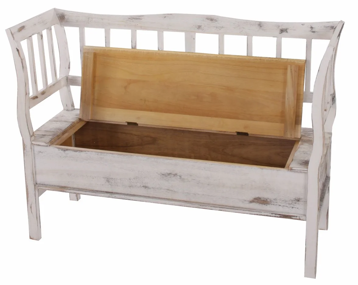 Mendler Banc Banquette de Rangement T207 Coffre avec Coussin Bois Blanc Shabby Chic