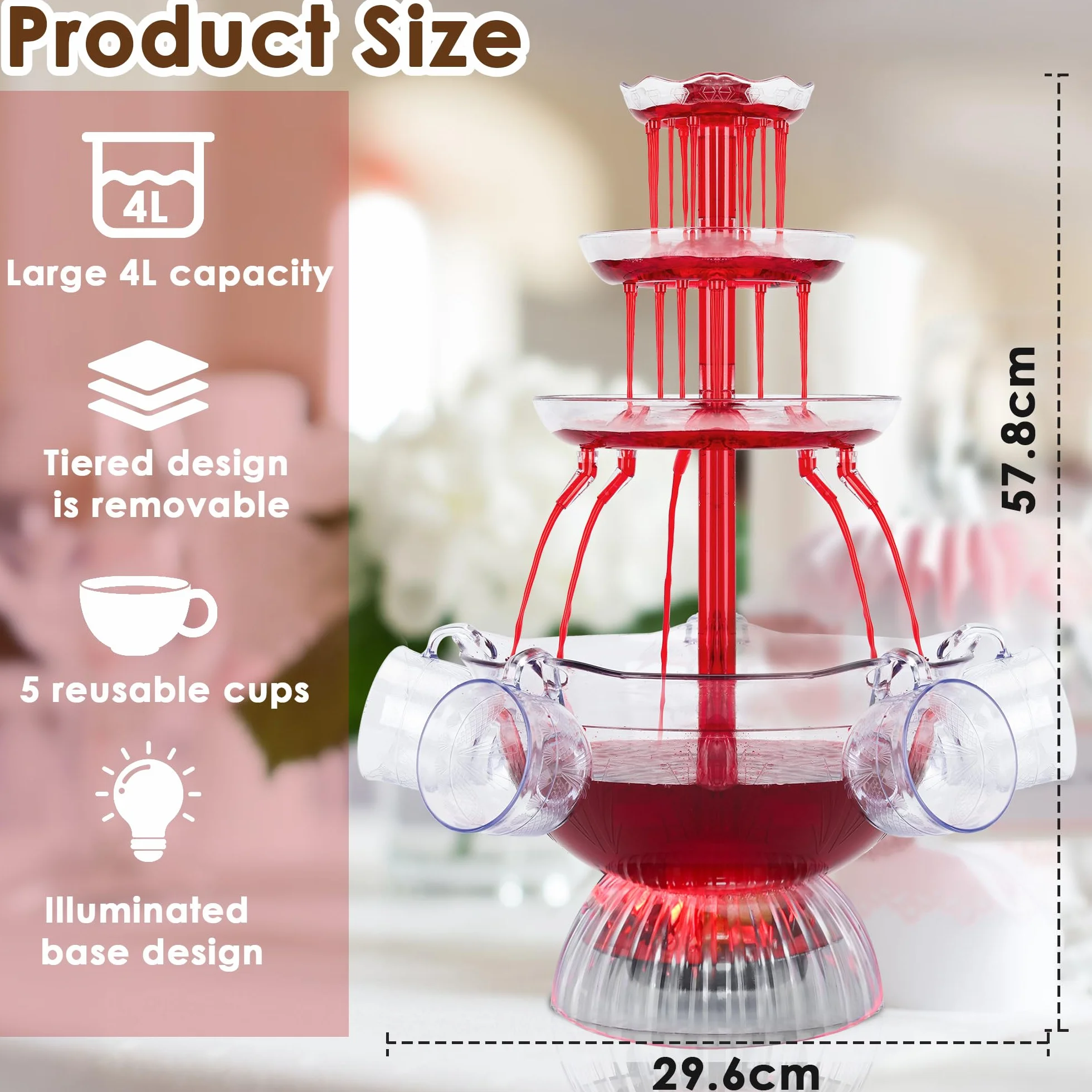 Fontaine à Vin Rouge 3 Niveaux Électrique avec 5 Tasses et Éclairage LED pour Fêtes
