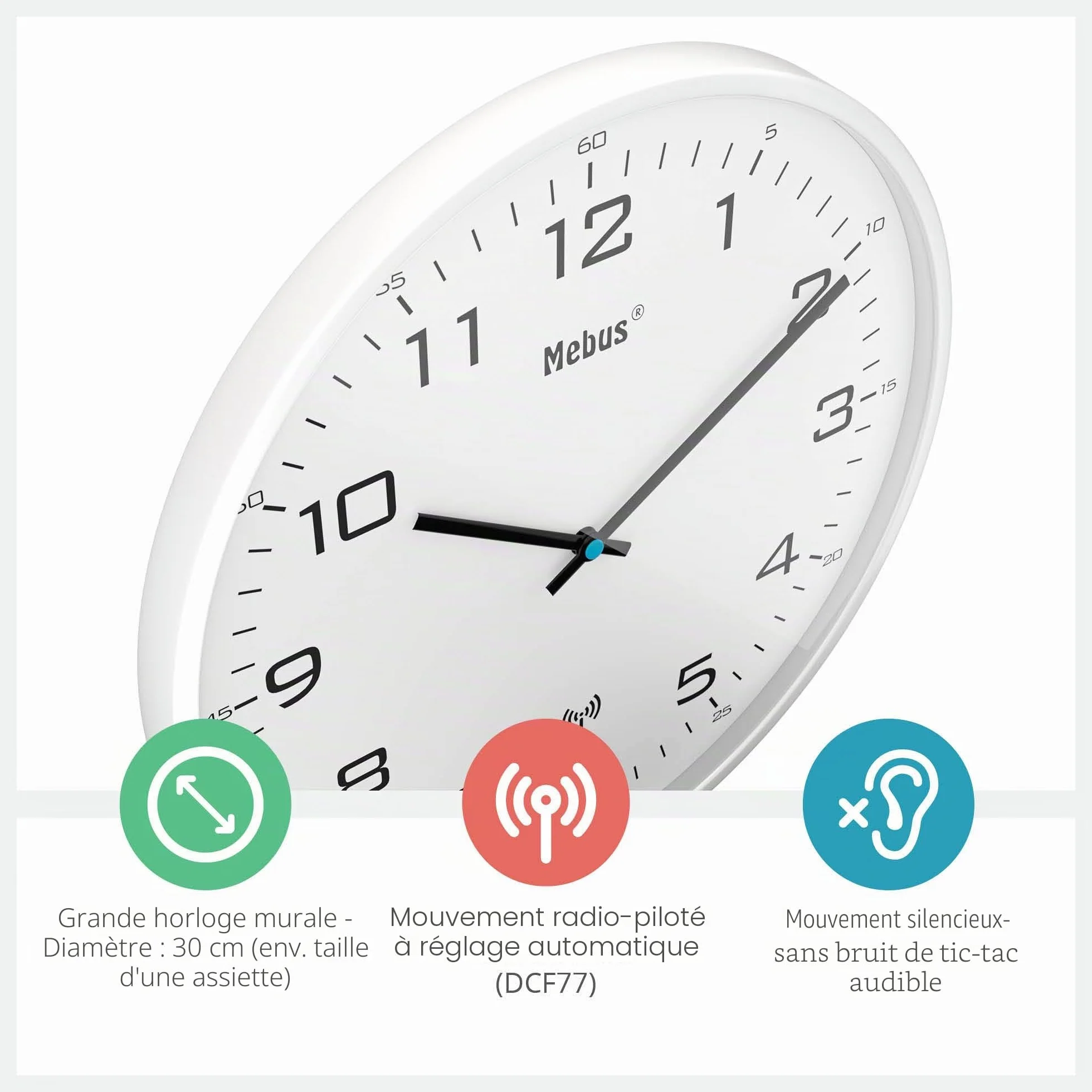 Mebus Horloge Murale Radio-pilotée Silencieuse 30 cm Cadre Blanc Cadran Blanc