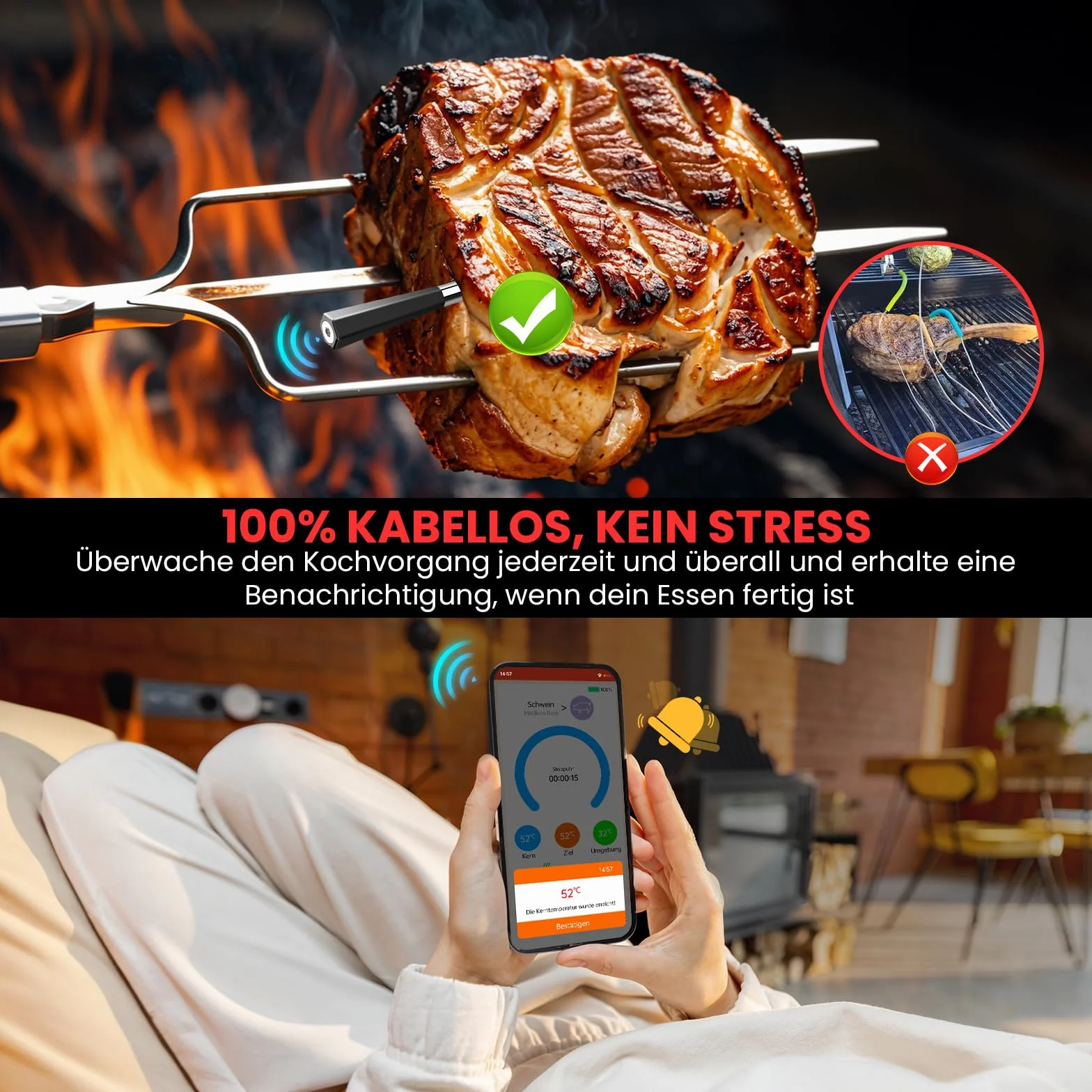 Thermomètre Cuisine Sans Fil Double Capteur avec App 150m Sonde Bluetooth Minuterie Alarme BBQ Grill Fumoir Four Sous Vide