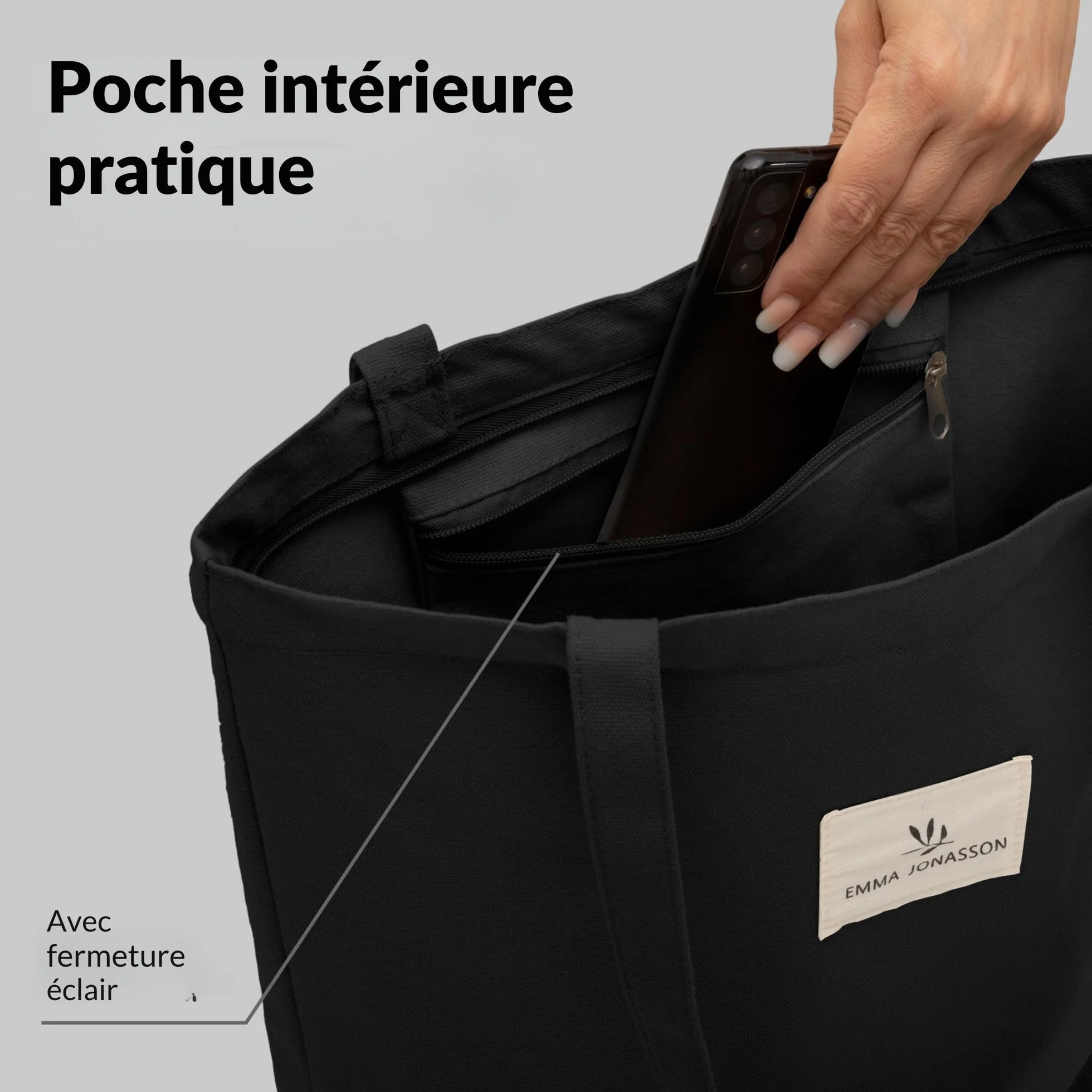 Tote Bag Femme Sac en Toile avec Fermeture éclair Poche intérieure Canvas Coton