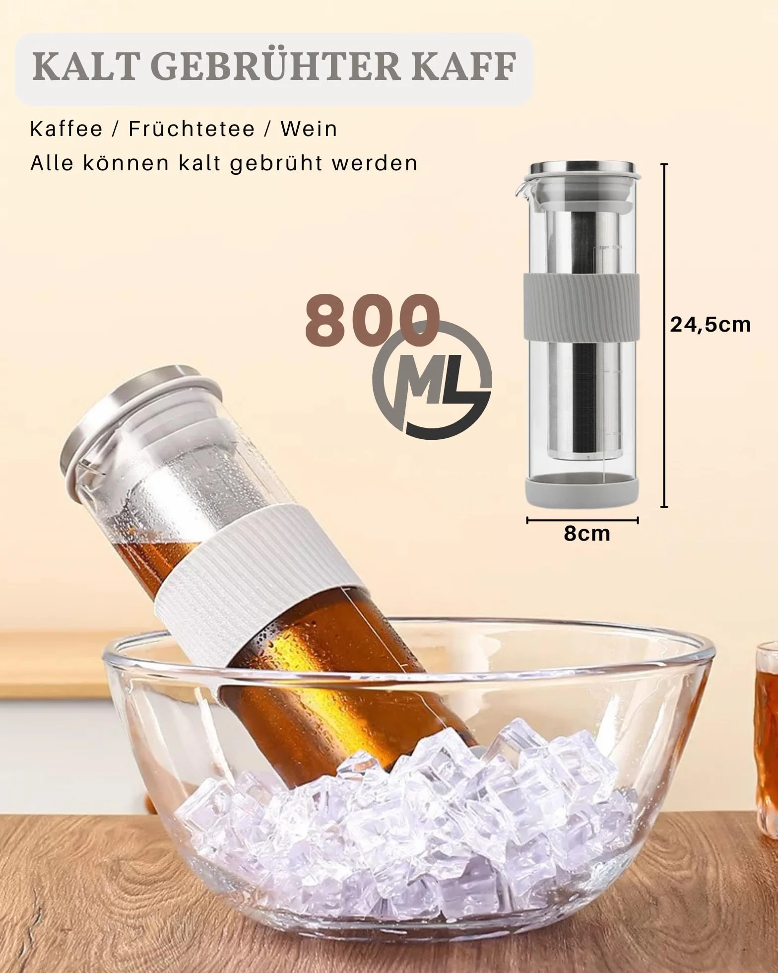JanYoo Cafetière à piston 800 ml acier inoxydable 304 filtre silicone bec verseur café glacé