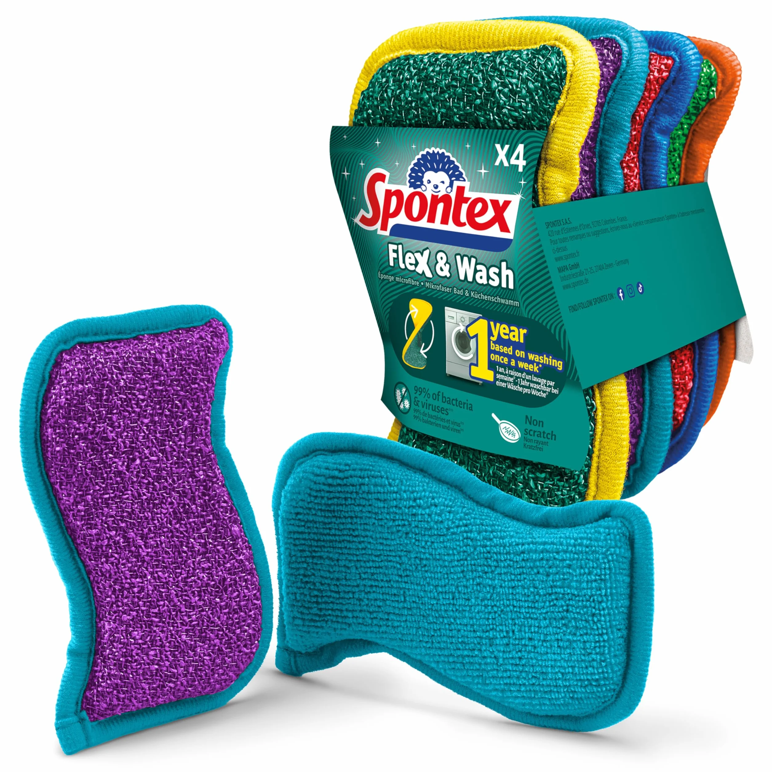 Spontex Flex & Wash Éponges réutilisables microfibre double face 4 pièces