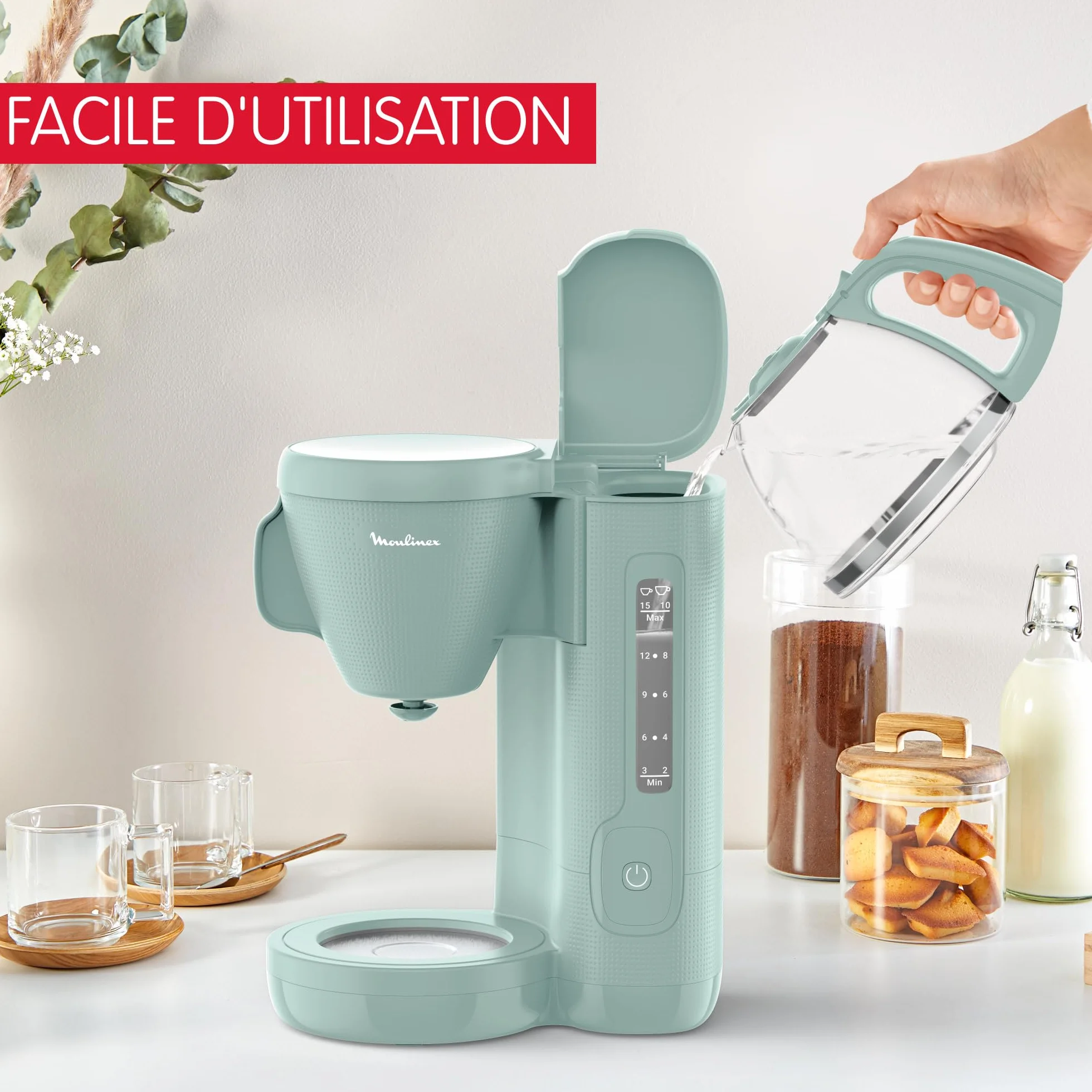 Moulinex Cafetière filtre 1.25L 10-15 tasses Porte-filtre pivotant Anti-gouttes Maintien chaud Eucalyptus FG2M1310