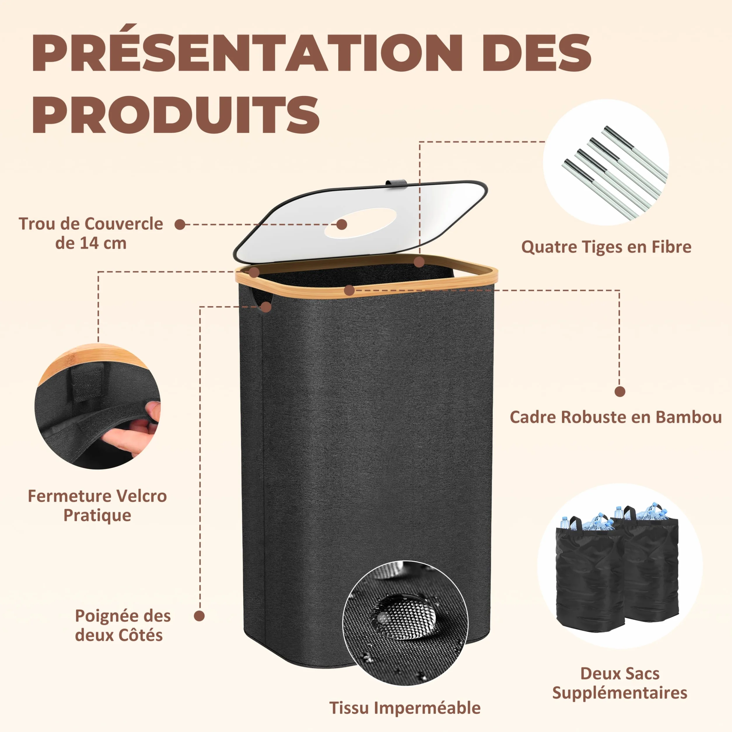 Poubelle Cuisine Tri Sélectif 100L Noir – Bac Recyclage Double Compartiment Bambou