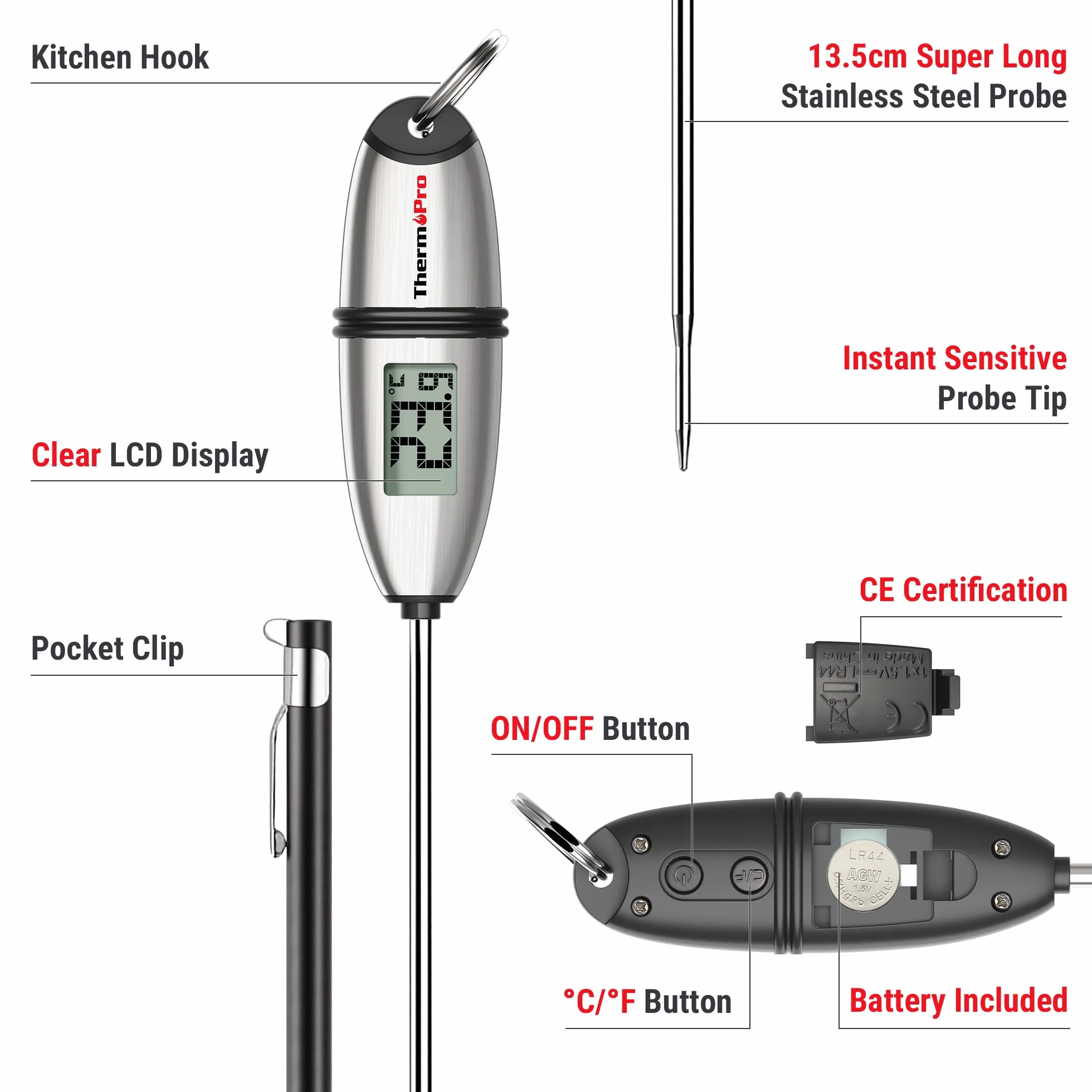 ThermoPro TP02S Termometr Cyfrowy 3 Sekundy Szybki do Kuchni Cukierniczy z Długą Sondą