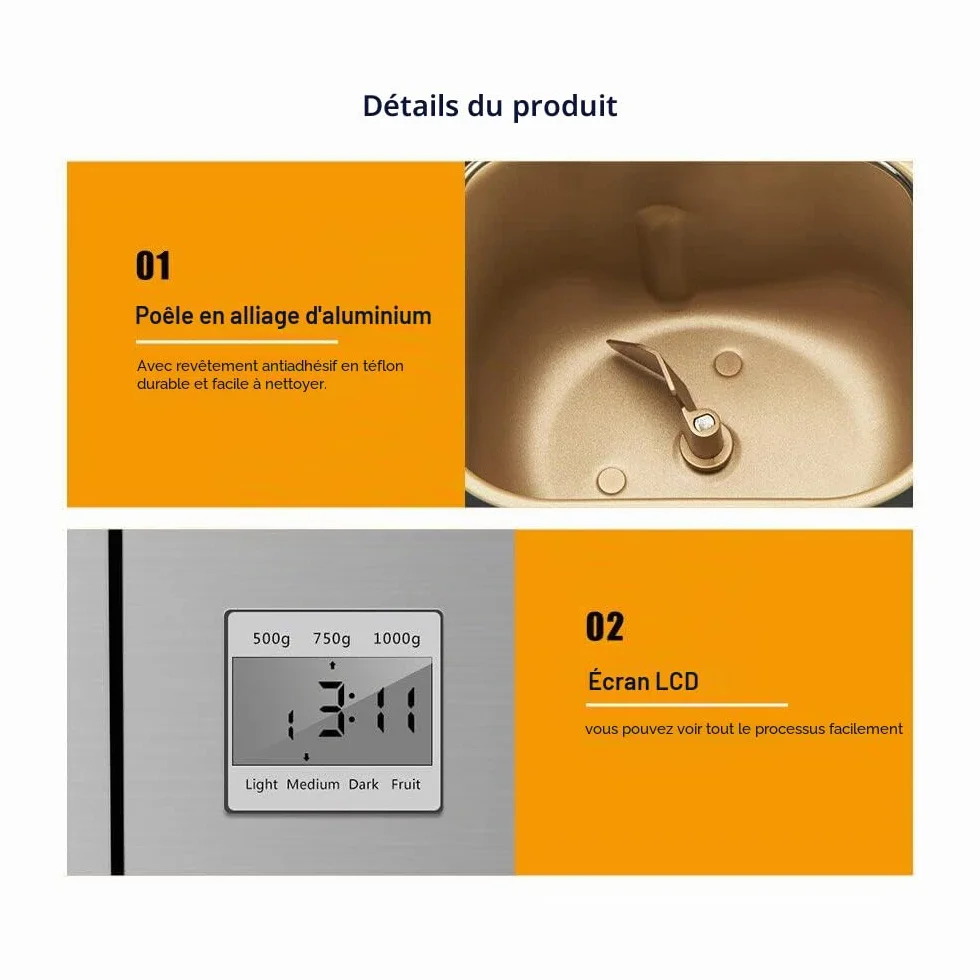 Machine à pain 19 en 1 acier inoxydable 650 W panneau tactile numérique