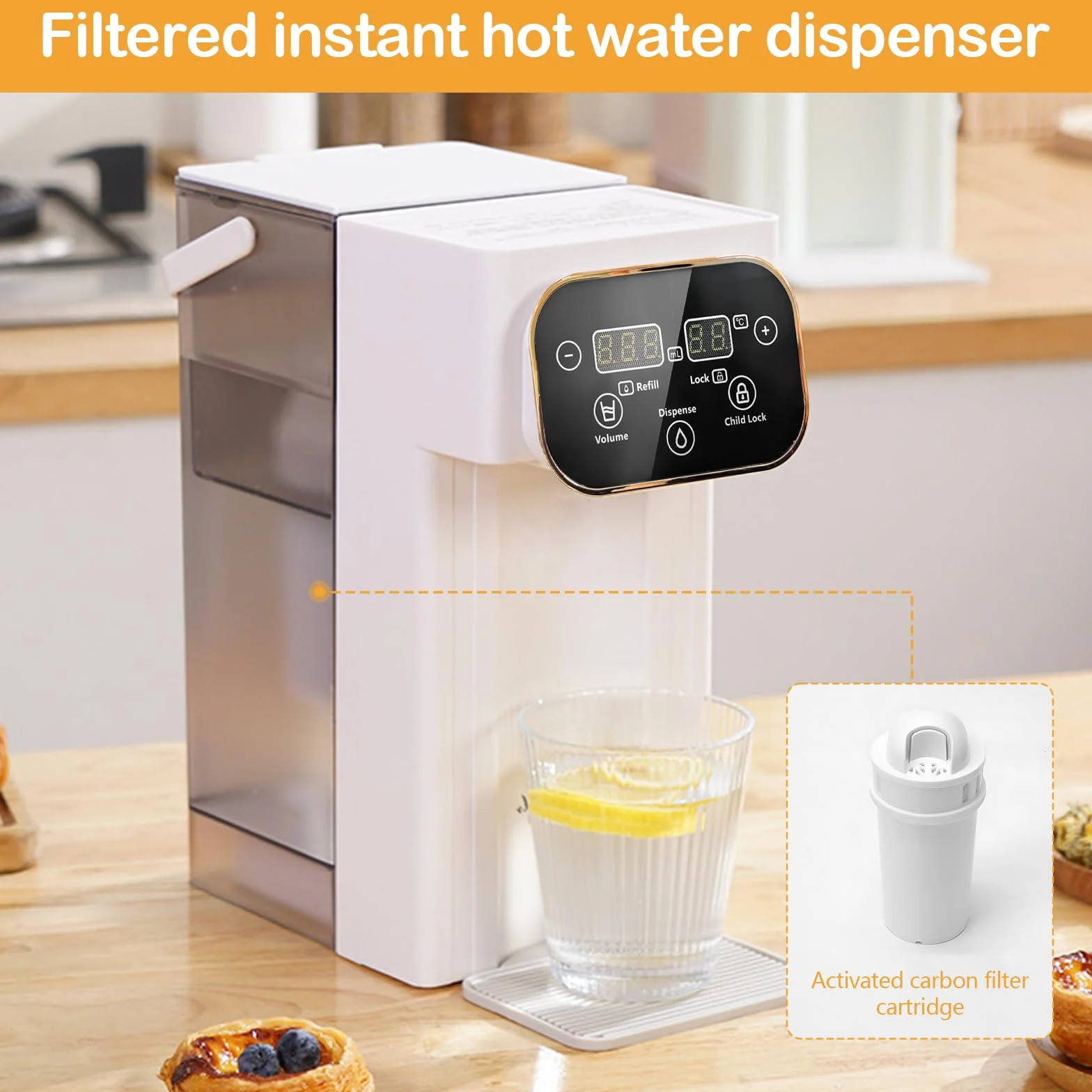 Distributeur d'Eau Chaude 3L Numérique Instantané écran Tactile LED 12 Réglages Température 8 Réglages Volume Filtre Charbon Actif