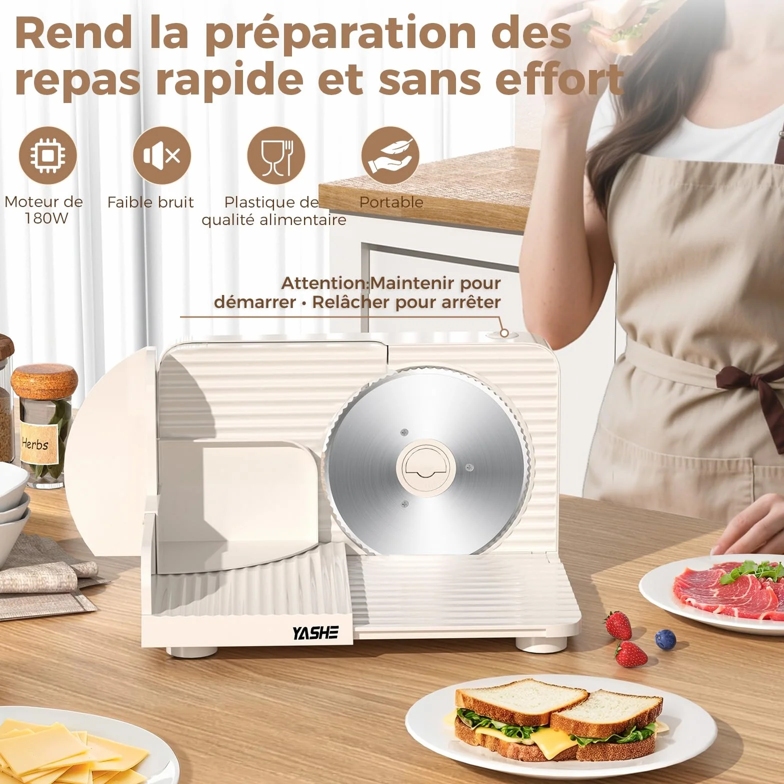 YASHE Trancheuse Électrique Pliable 180W Lame 17 cm Épaisseur Réglable 0–15 mm