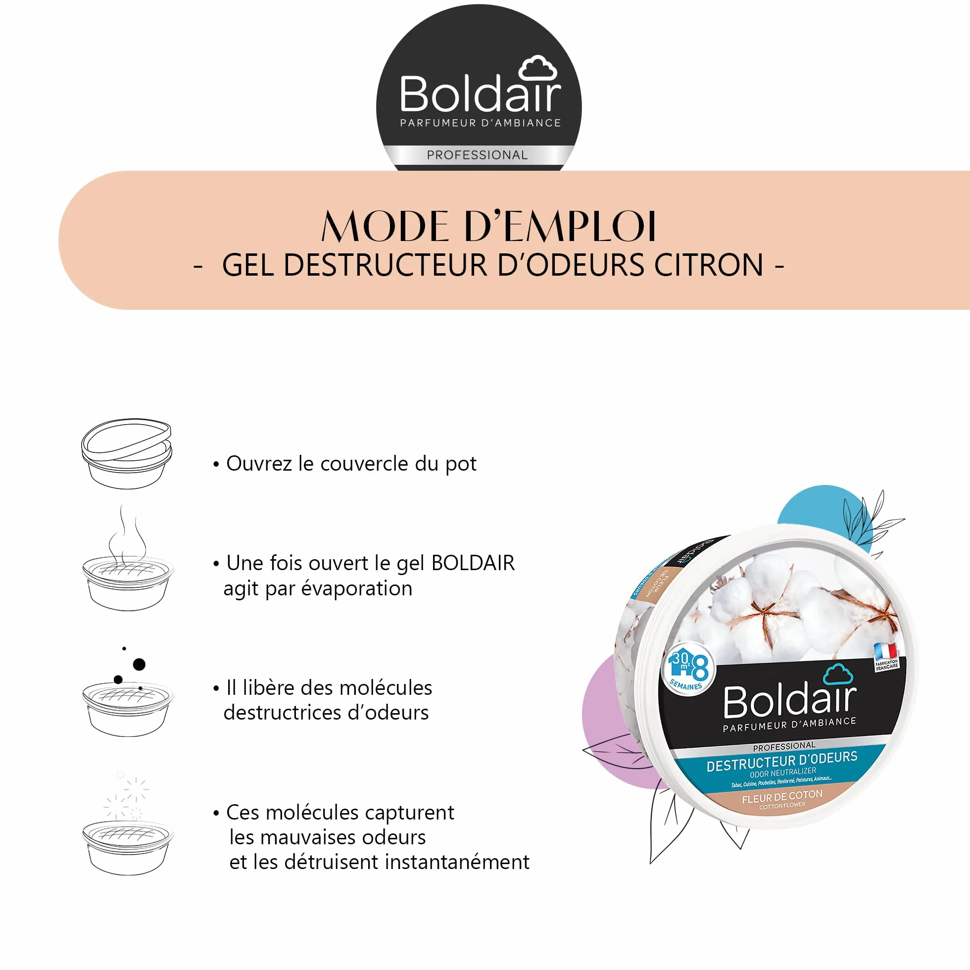 BOLDAIR Destructeur d'Odeurs en Gel Fleur de Coton 300 g